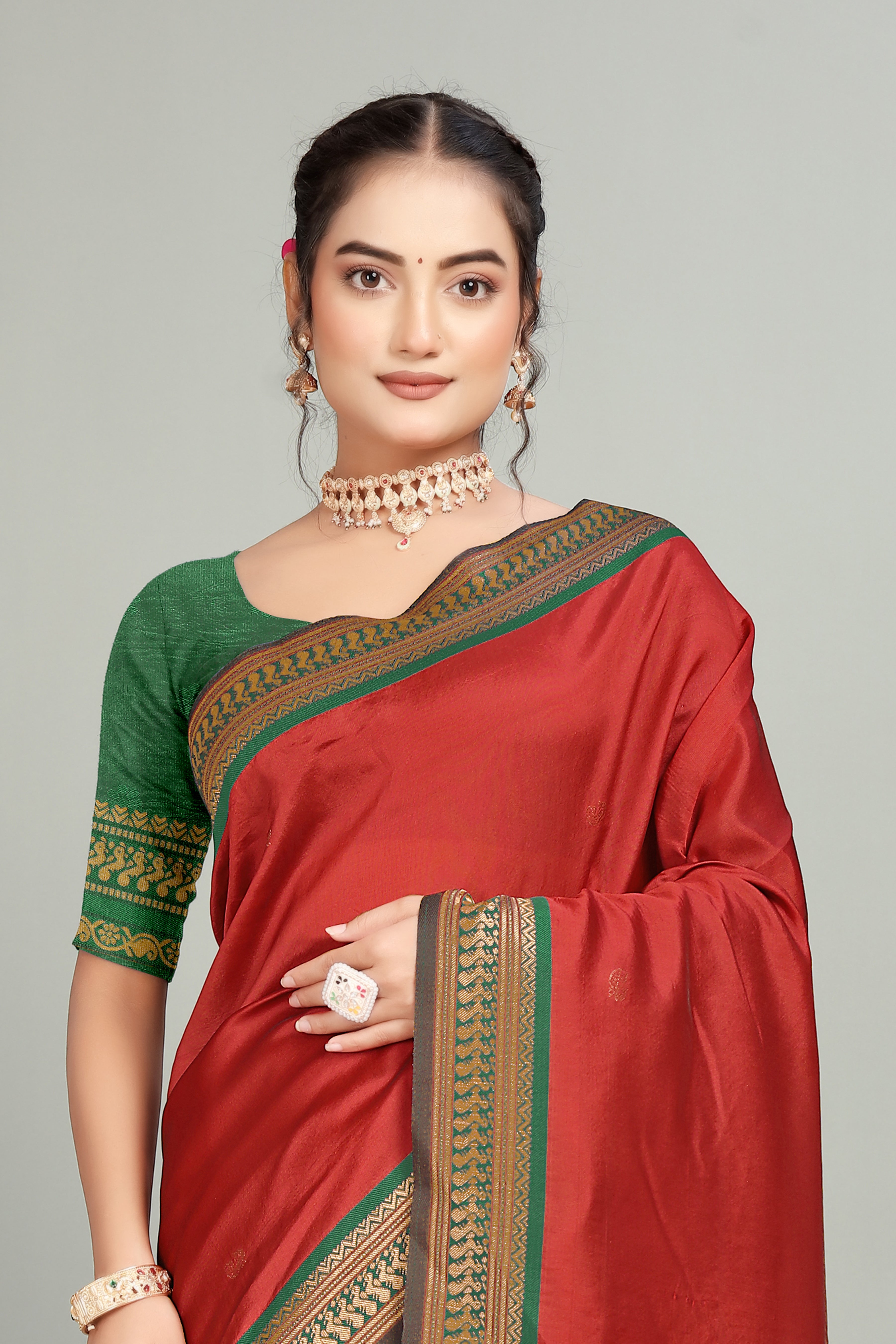 Red Solid Woven Silk Saree
