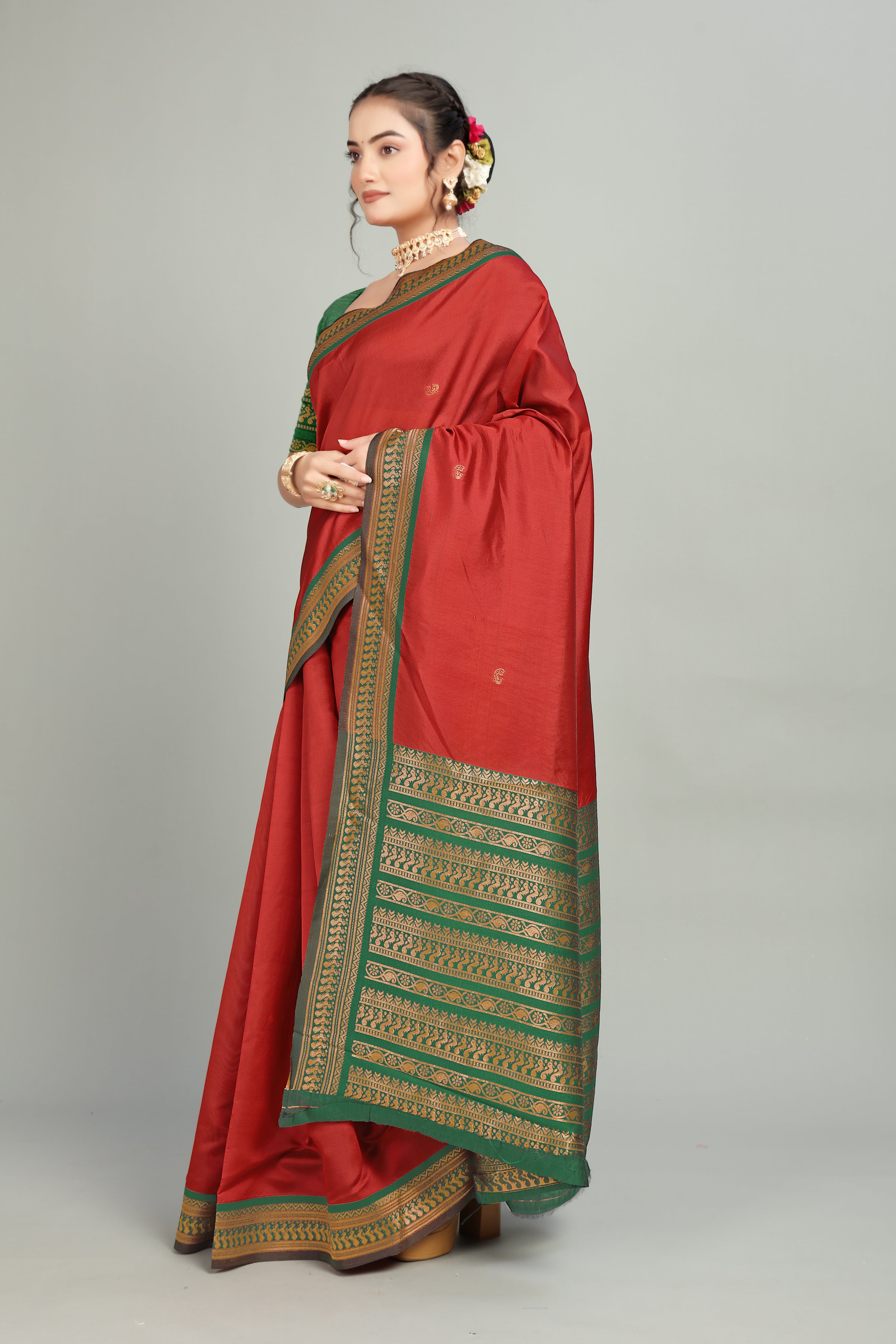 Red Solid Woven Silk Saree