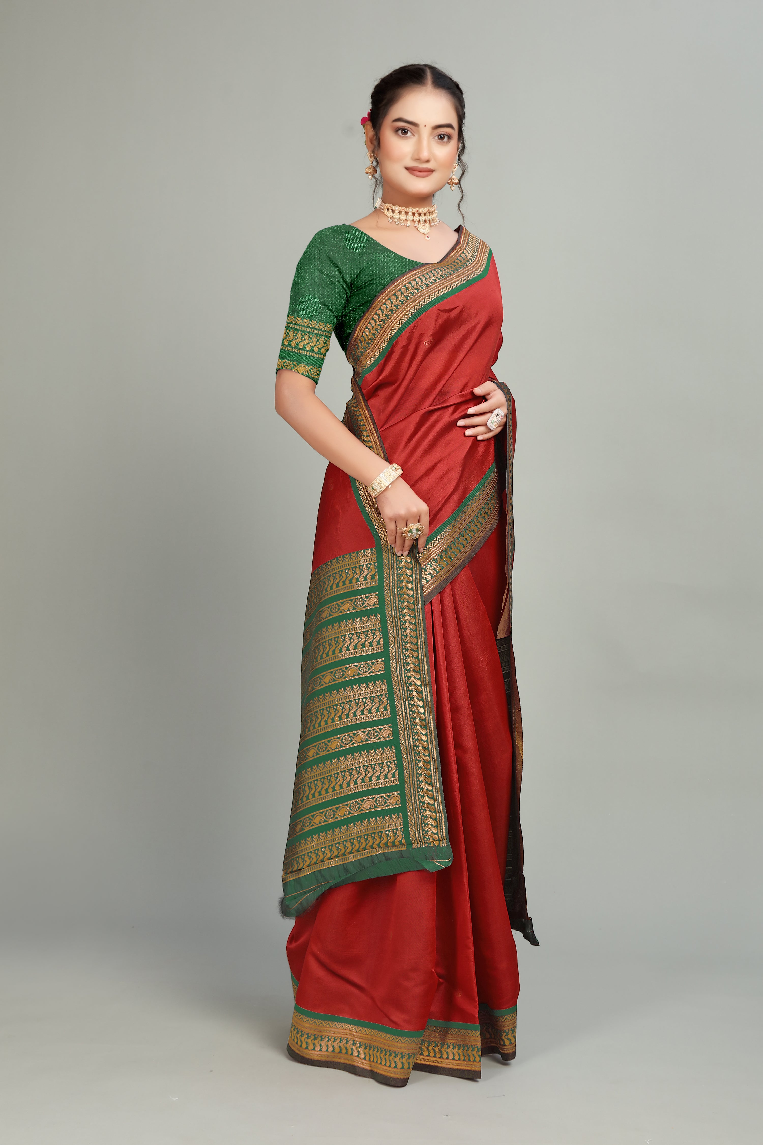 Red Solid Woven Silk Saree