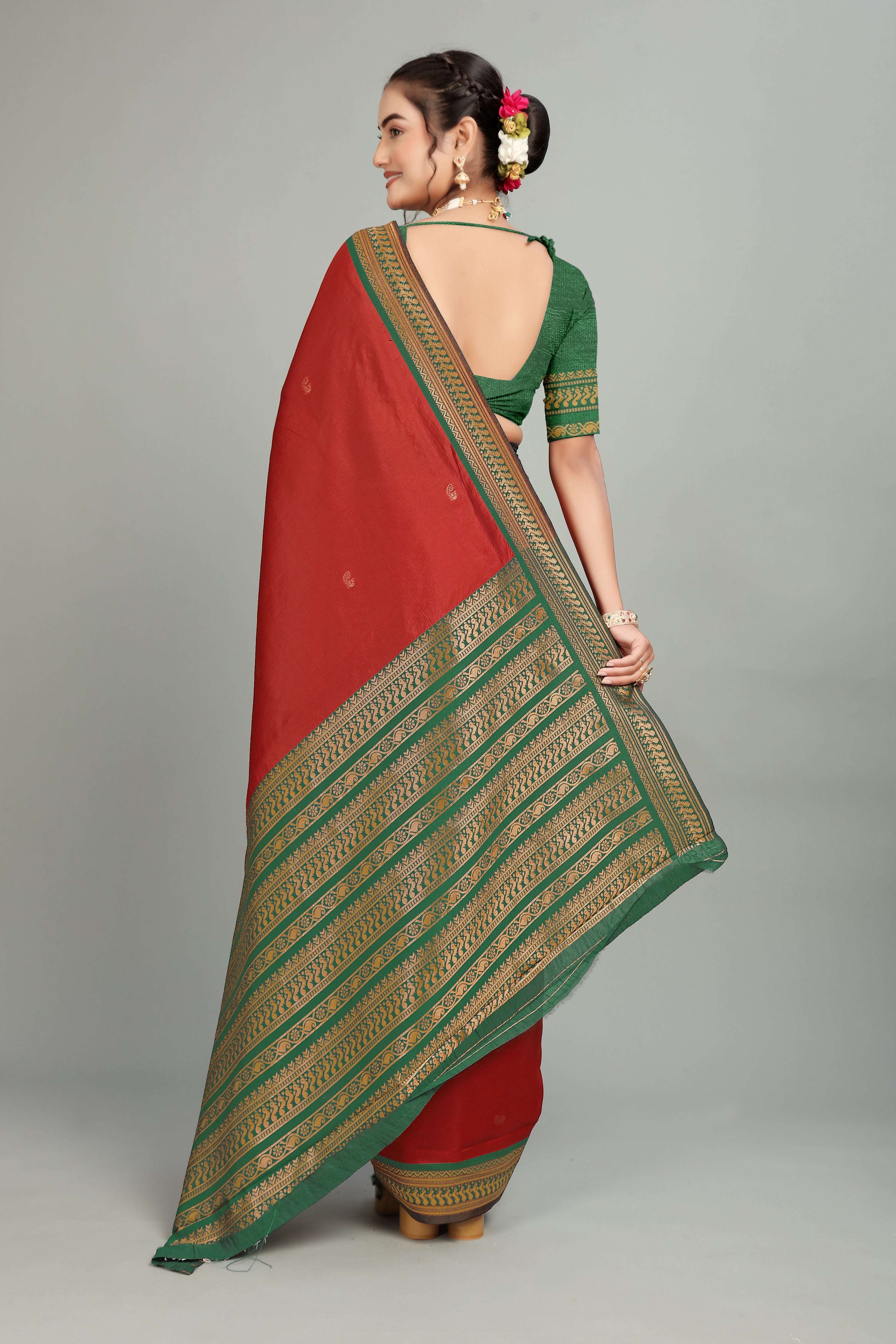 Red Solid Woven Silk Saree