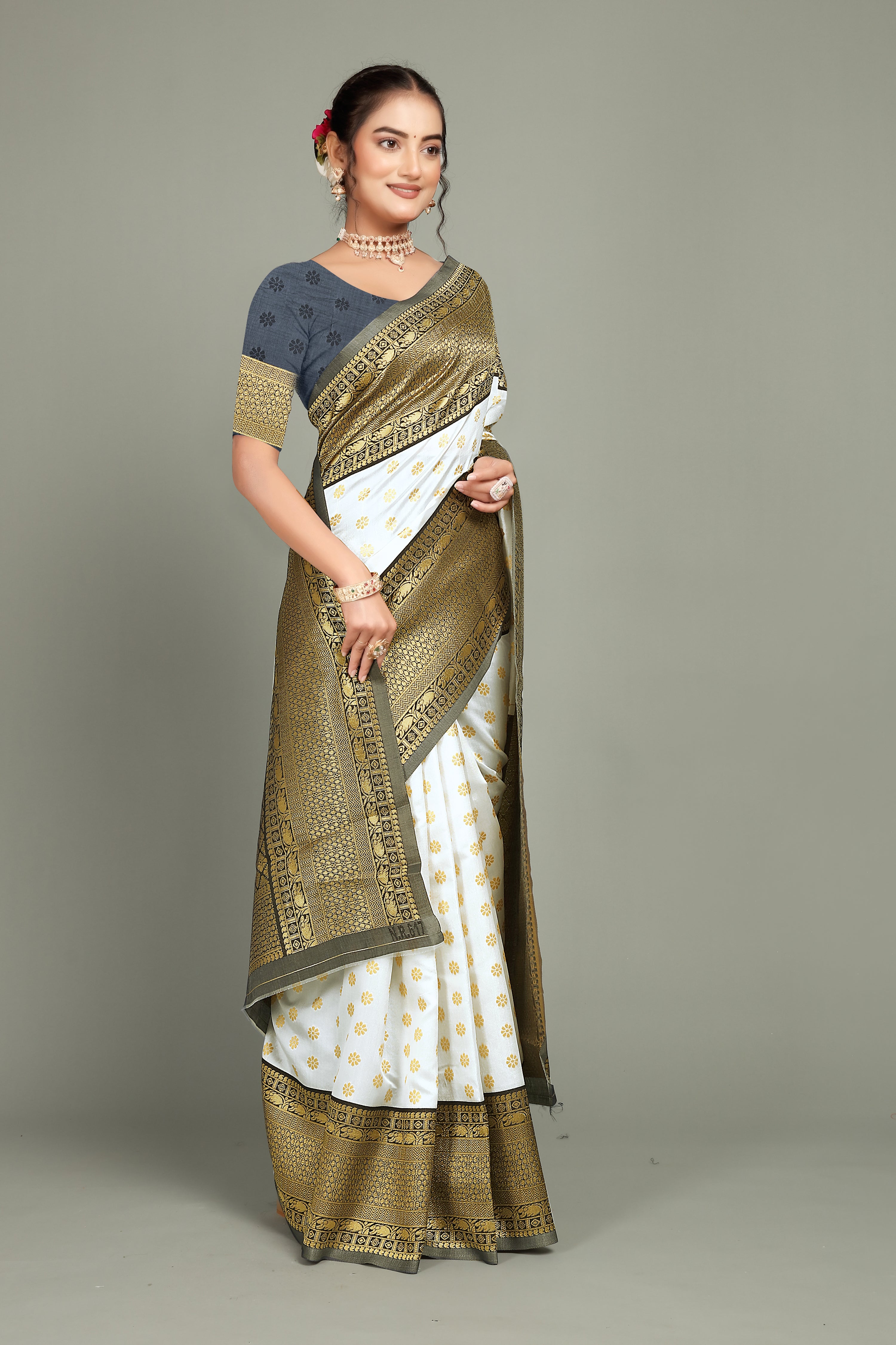 White Banarasi Woven Silk Saree