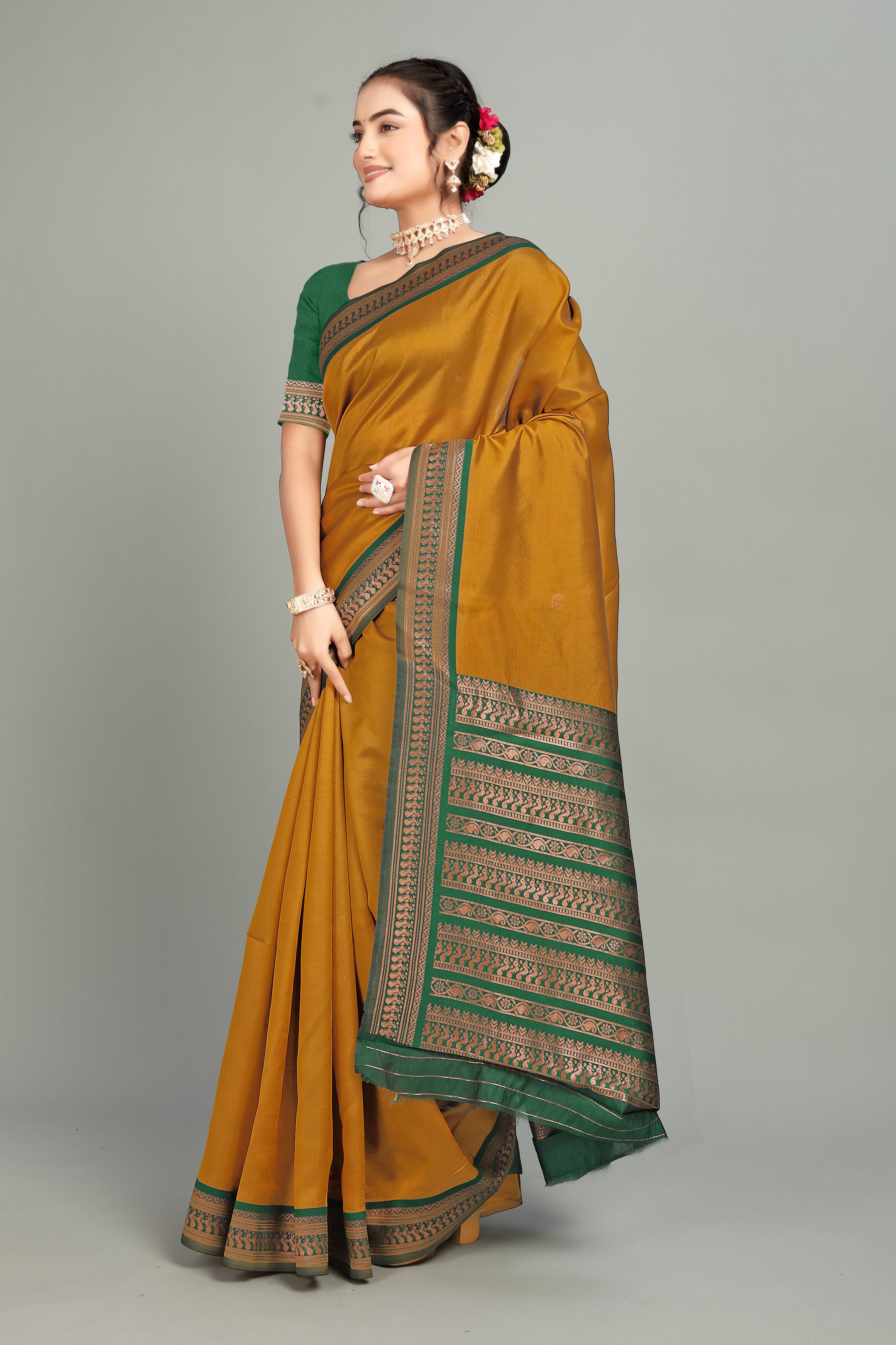 Gold Solid Woven Silk Saree