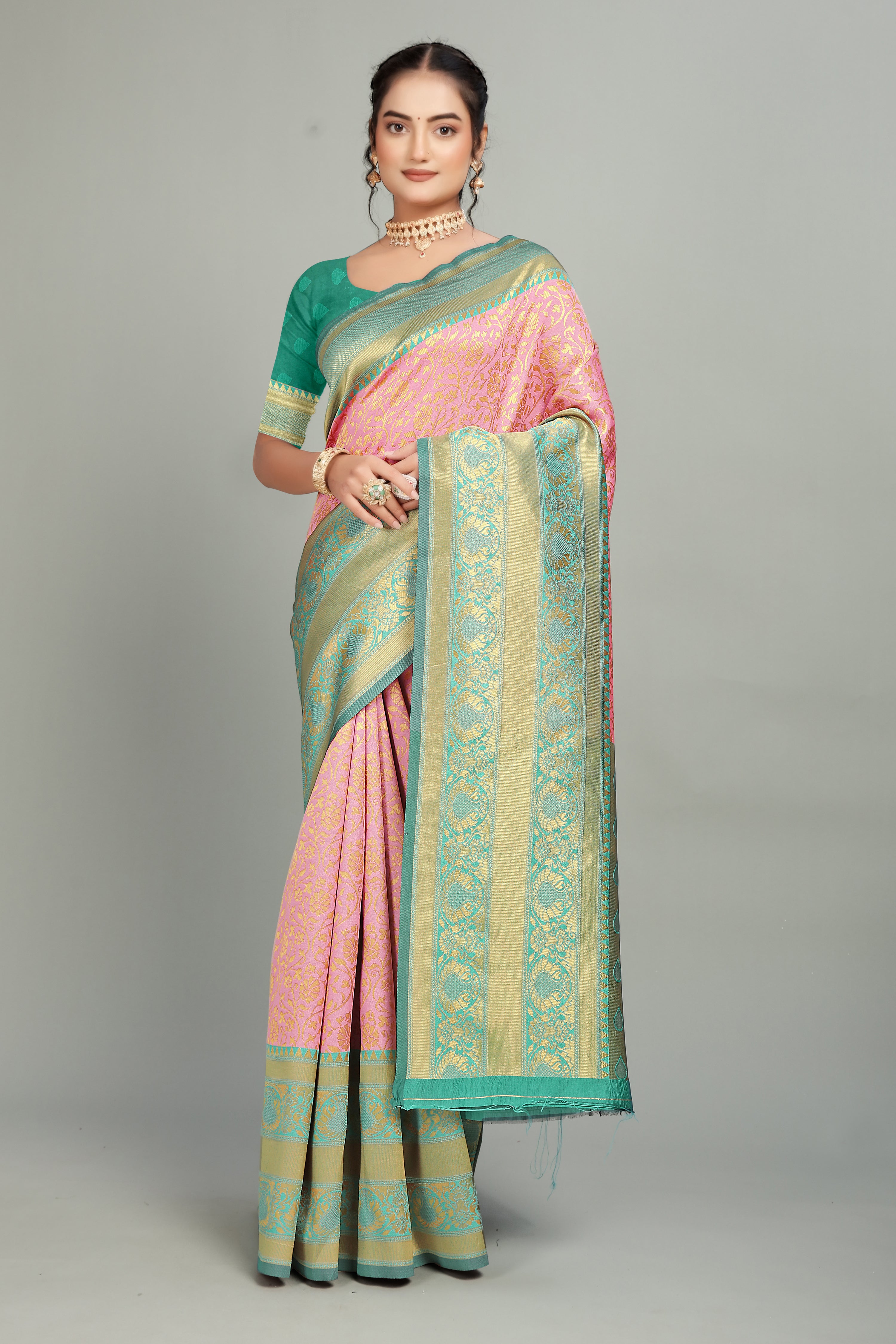 Pastel Pink Woven Banarasi Silk Saree