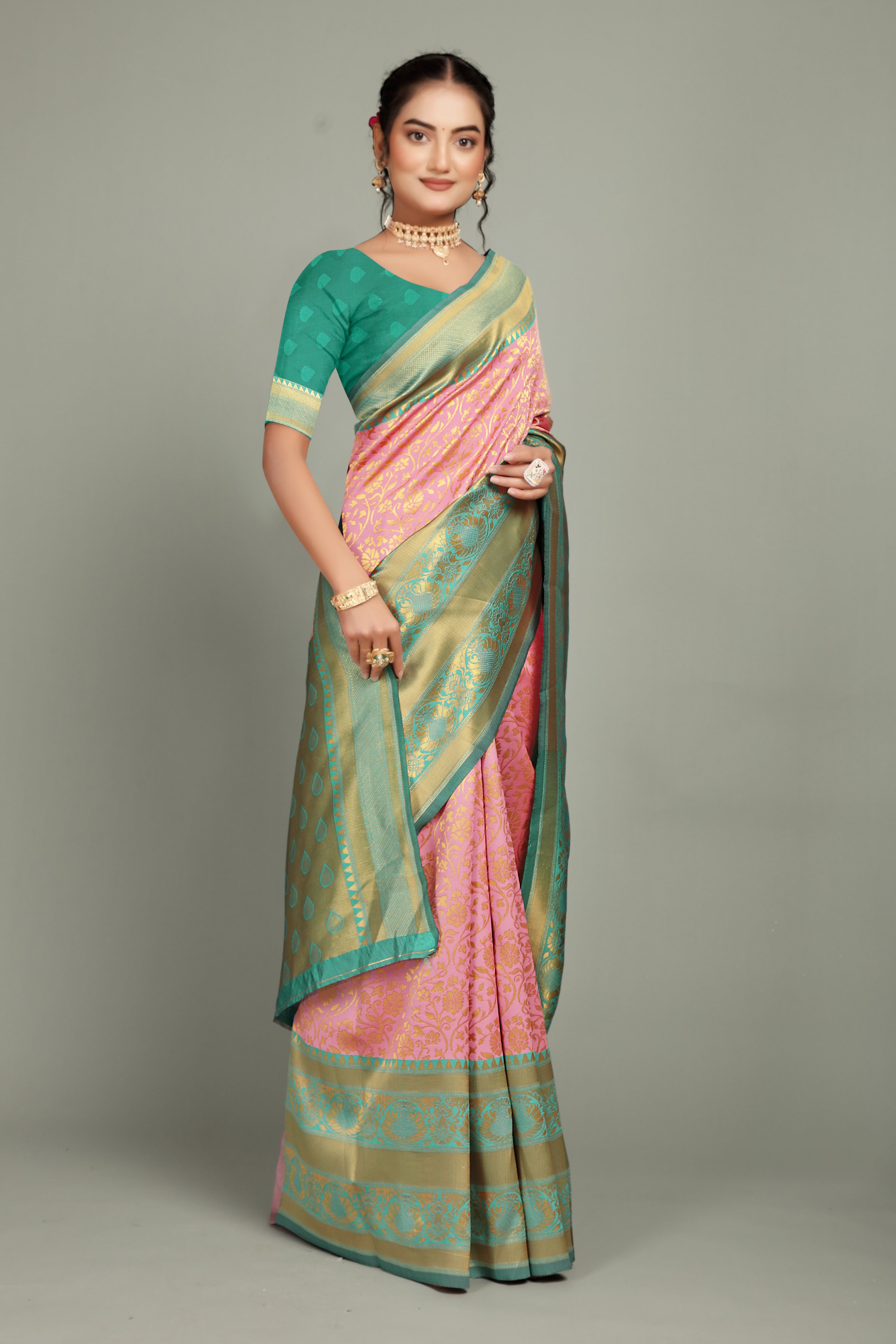 Pastel Pink Woven Banarasi Silk Saree