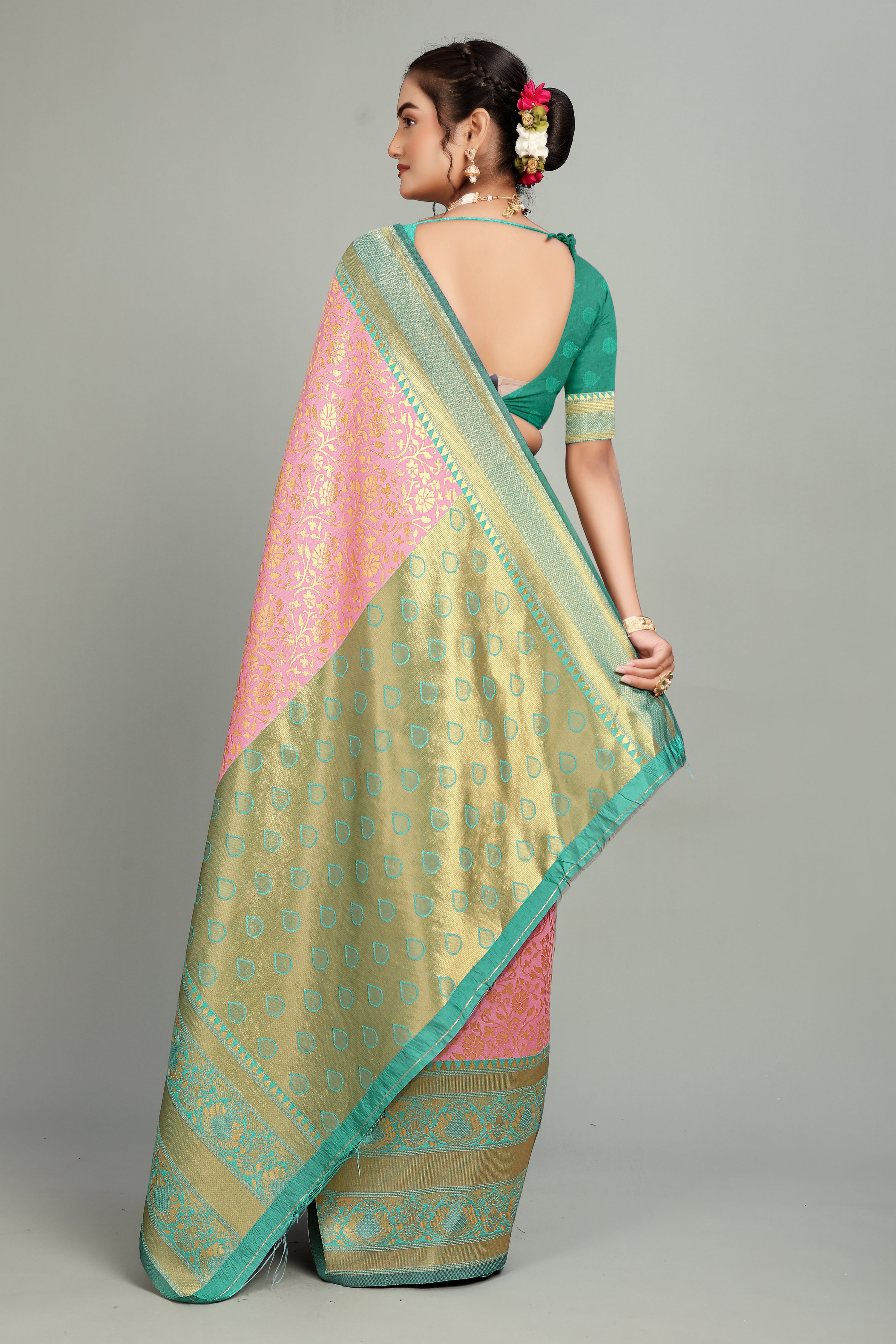 Pastel Pink Woven Banarasi Silk Saree