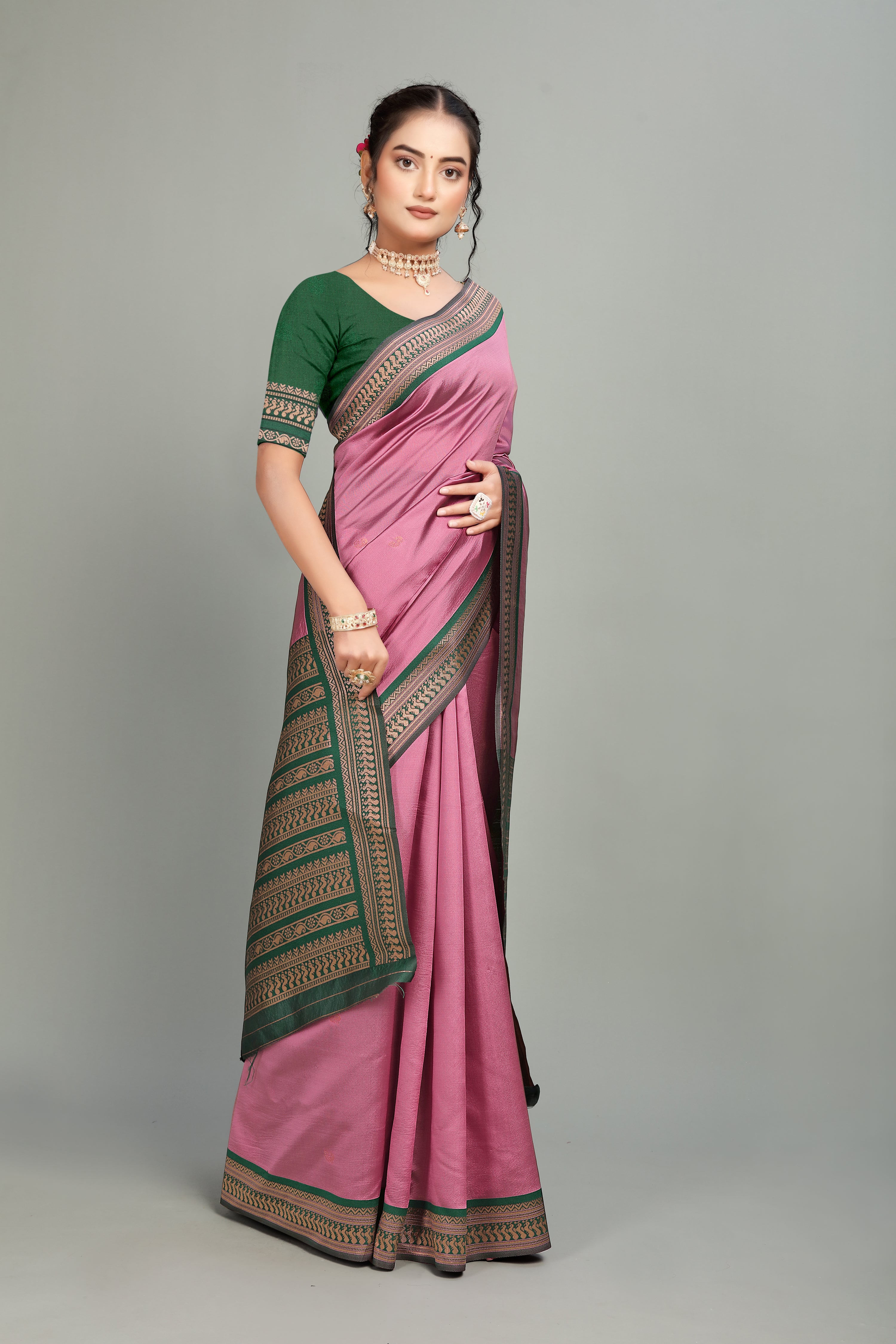 Pink Solid Woven Silk Saree