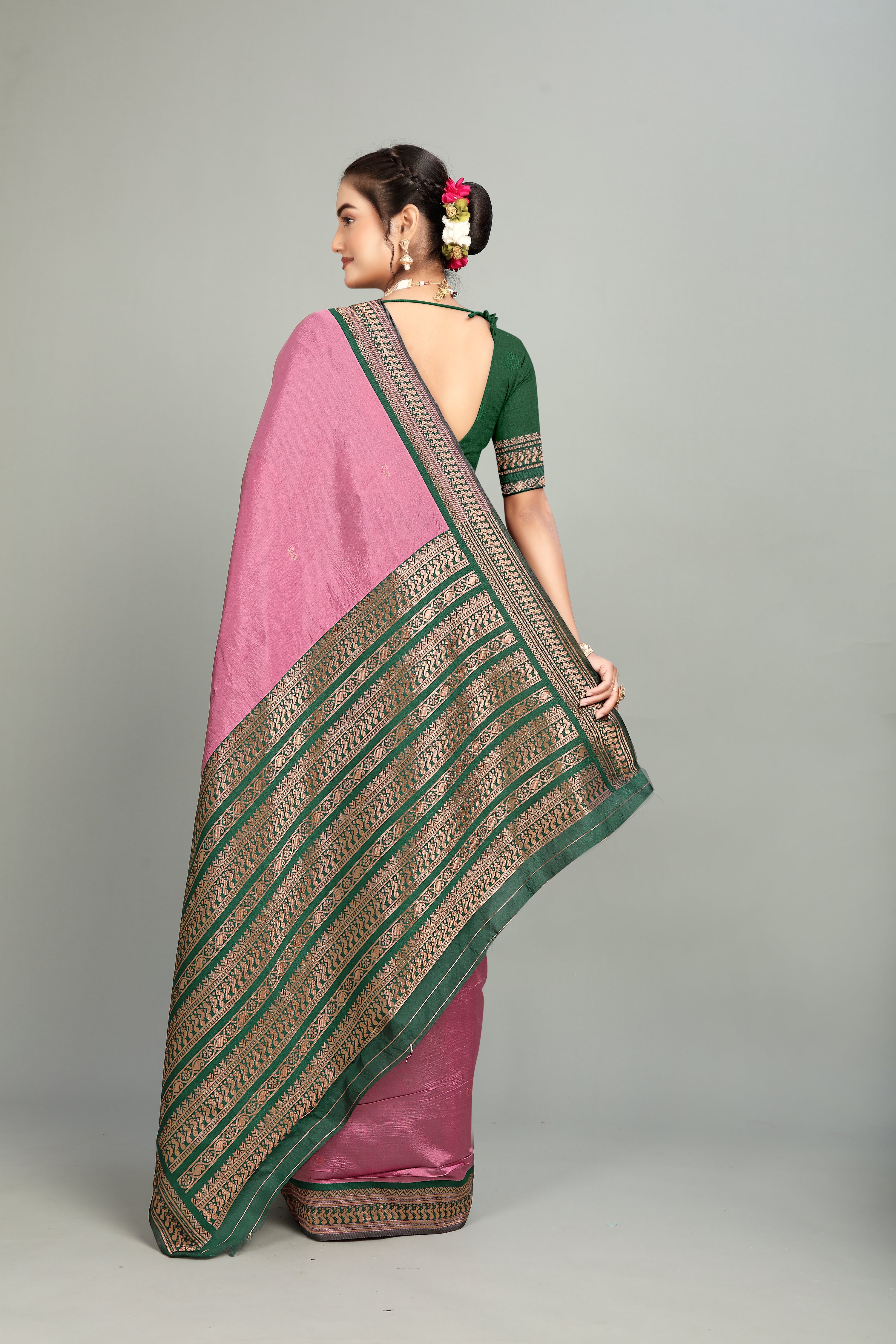 Pink Solid Woven Silk Saree