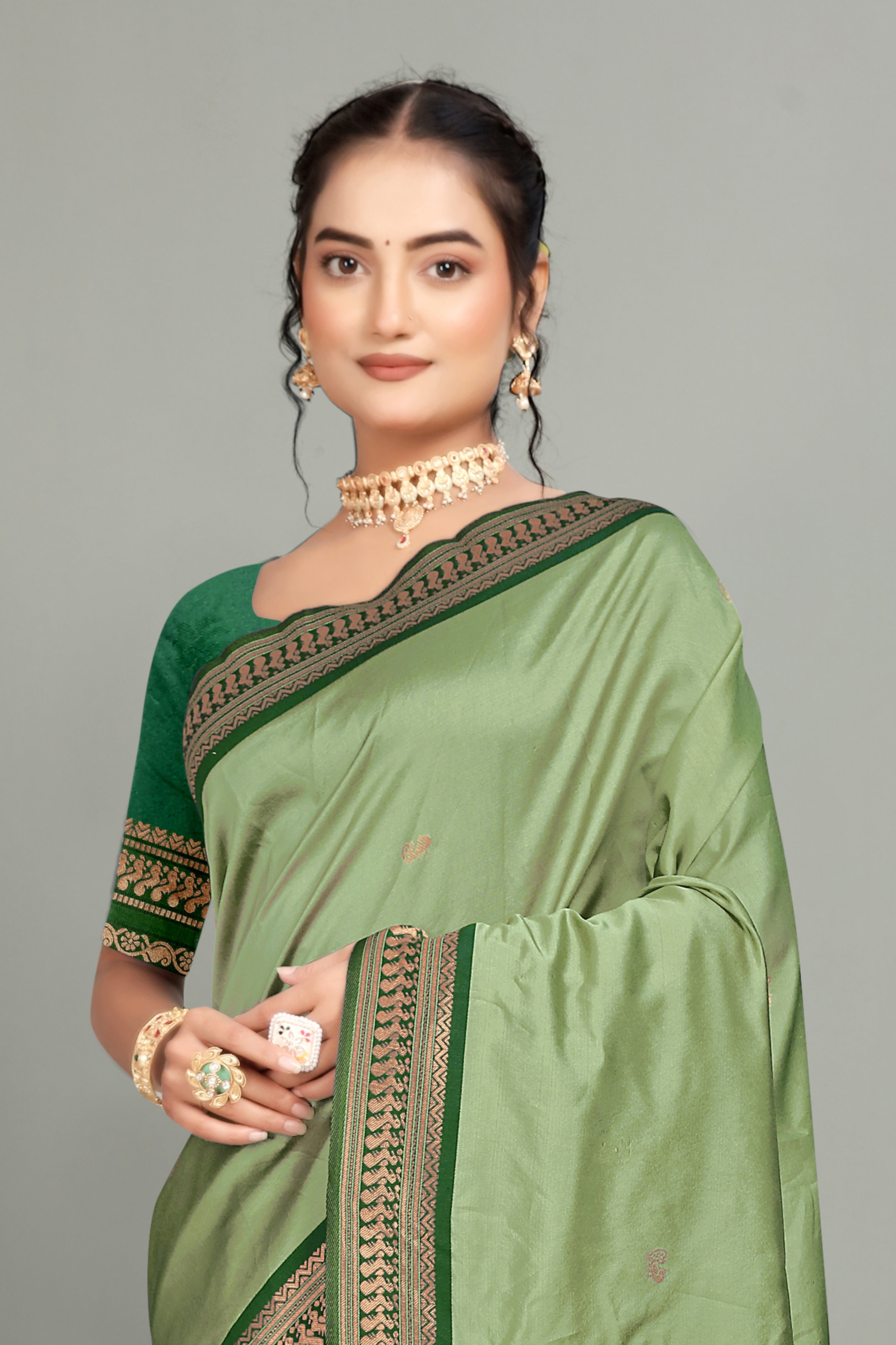 Green Solid Woven Silk Saree