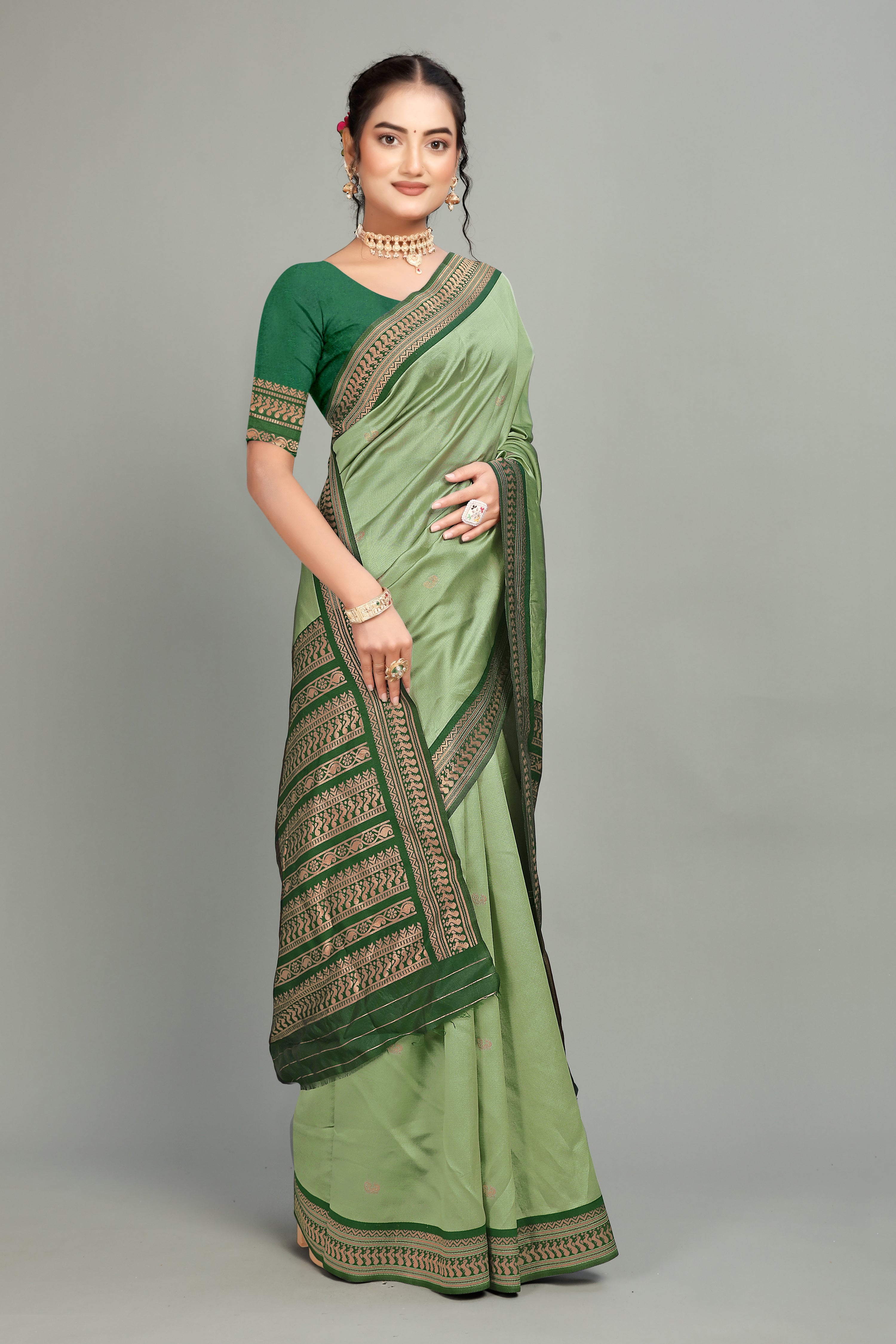 Green Solid Woven Silk Saree