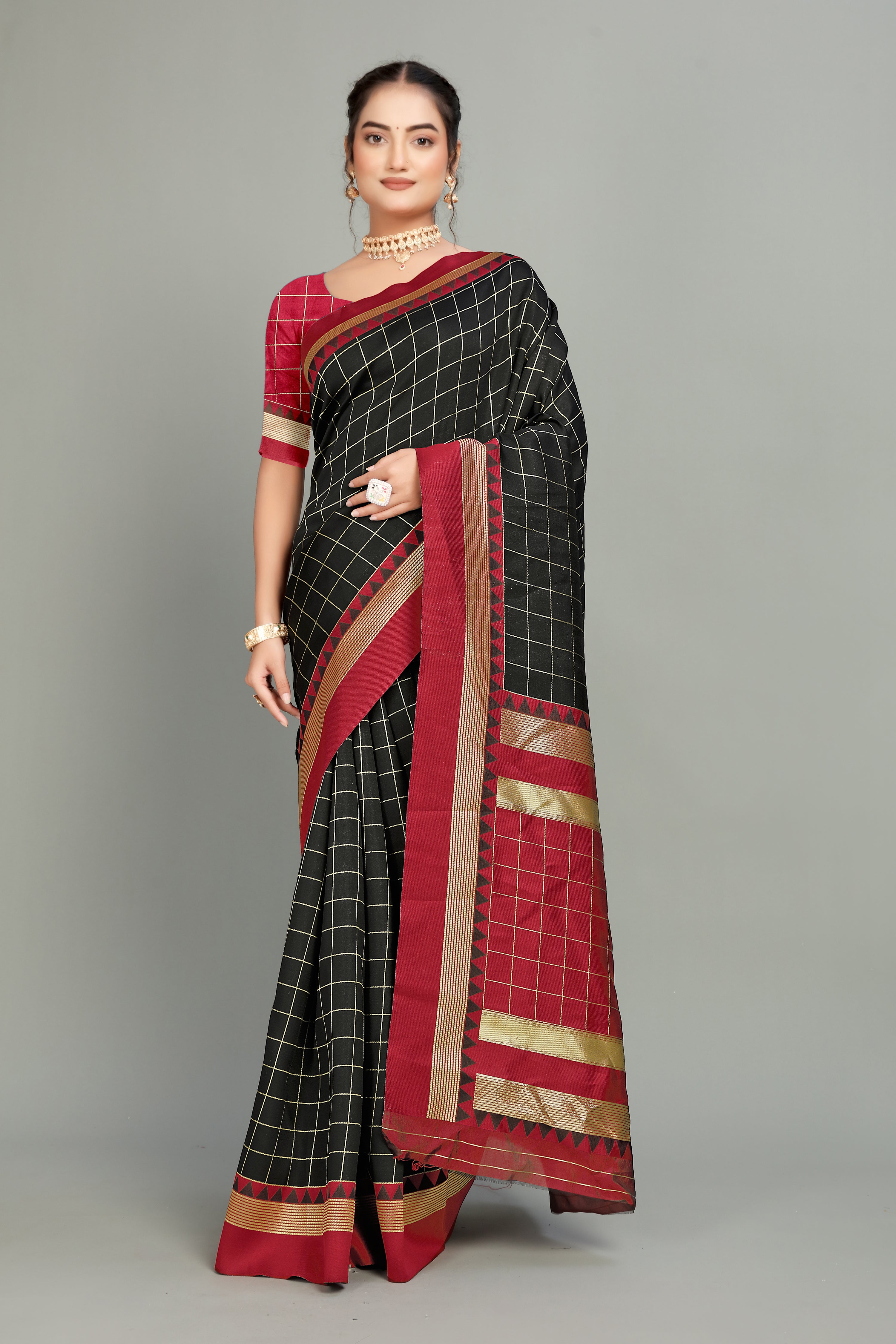 Bottle Green Toned Checkered Silk Saree