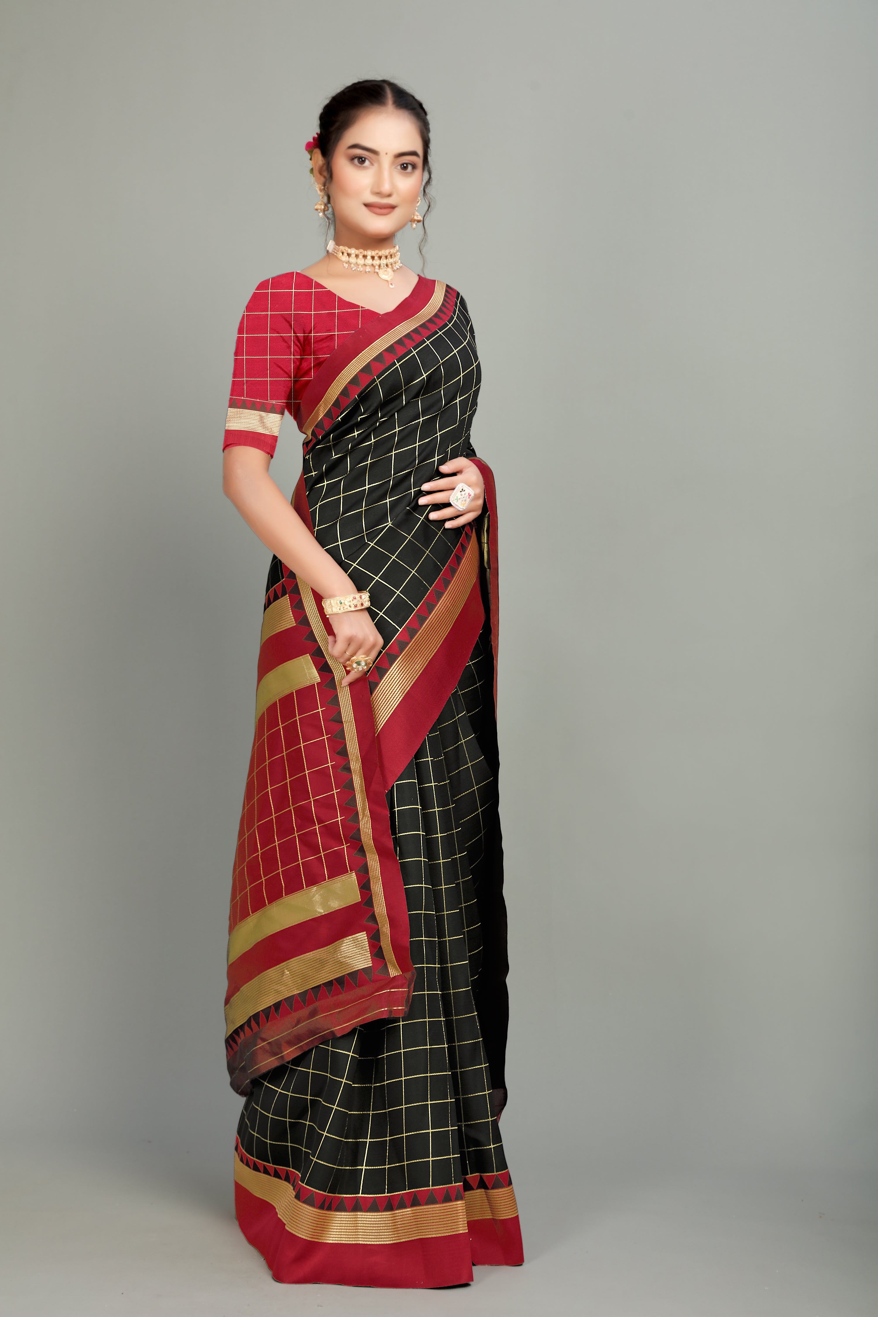 Bottle Green Toned Checkered Silk Saree