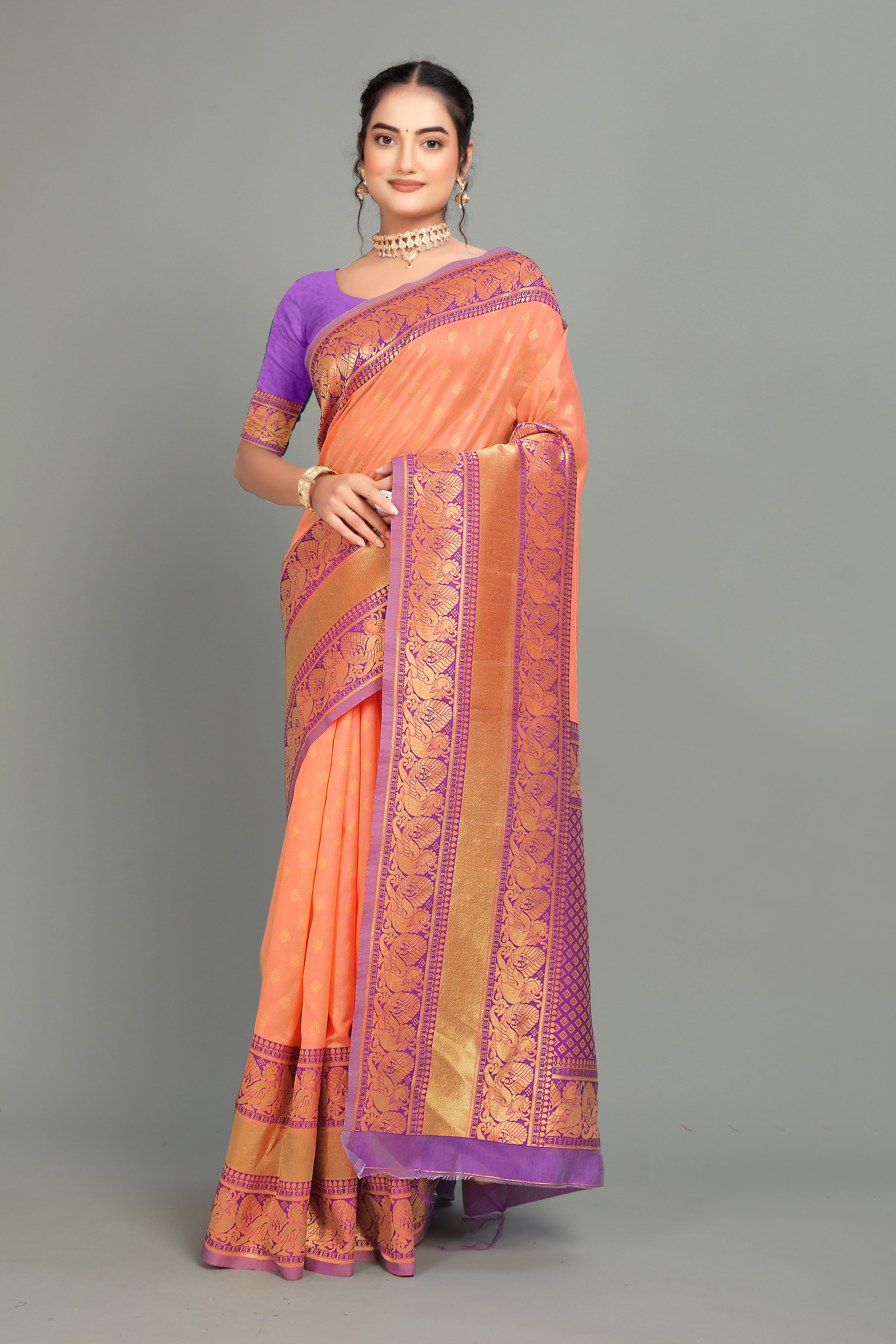 Peach Weaving Banarasi Silk Saree