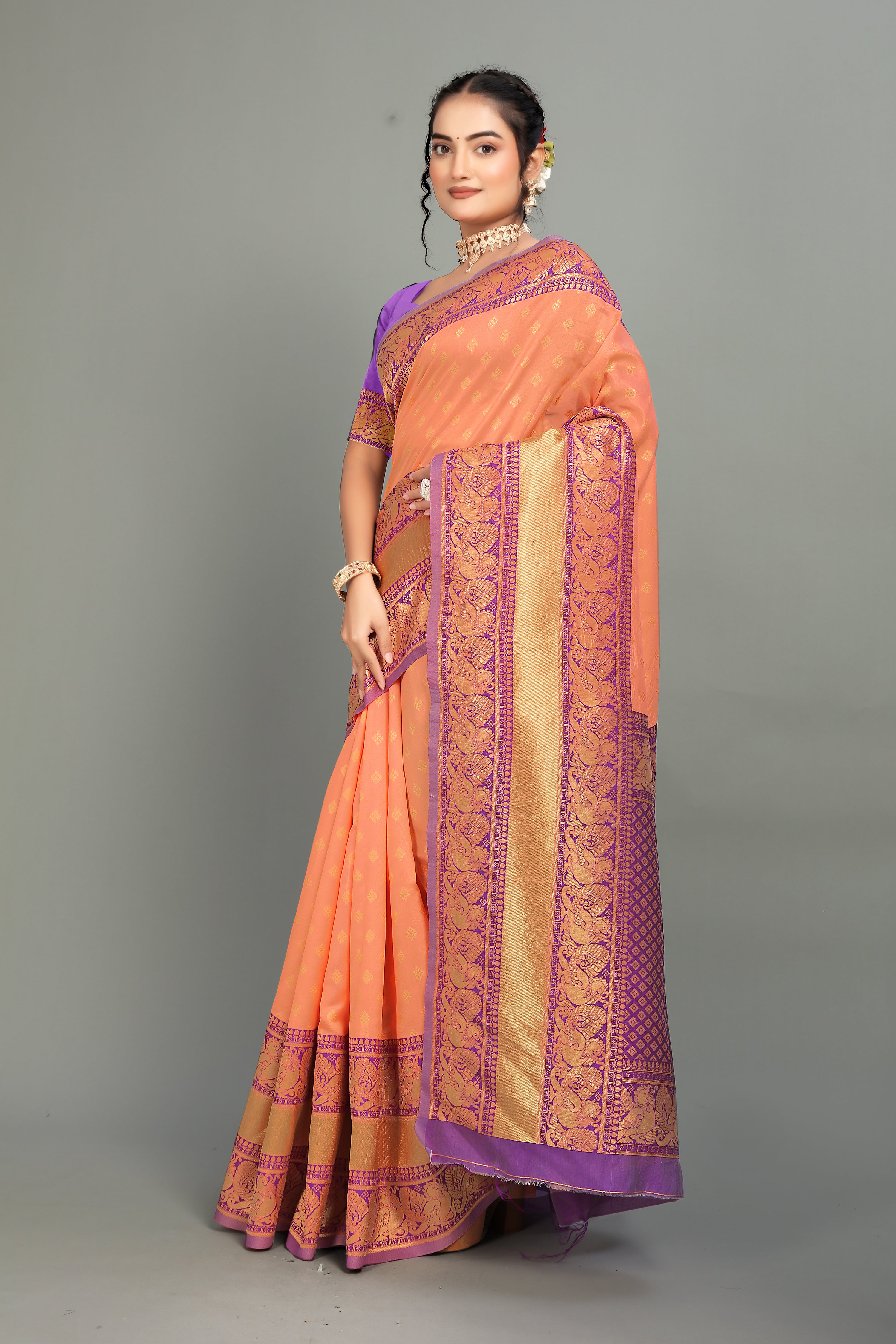 Peach Weaving Banarasi Silk Saree