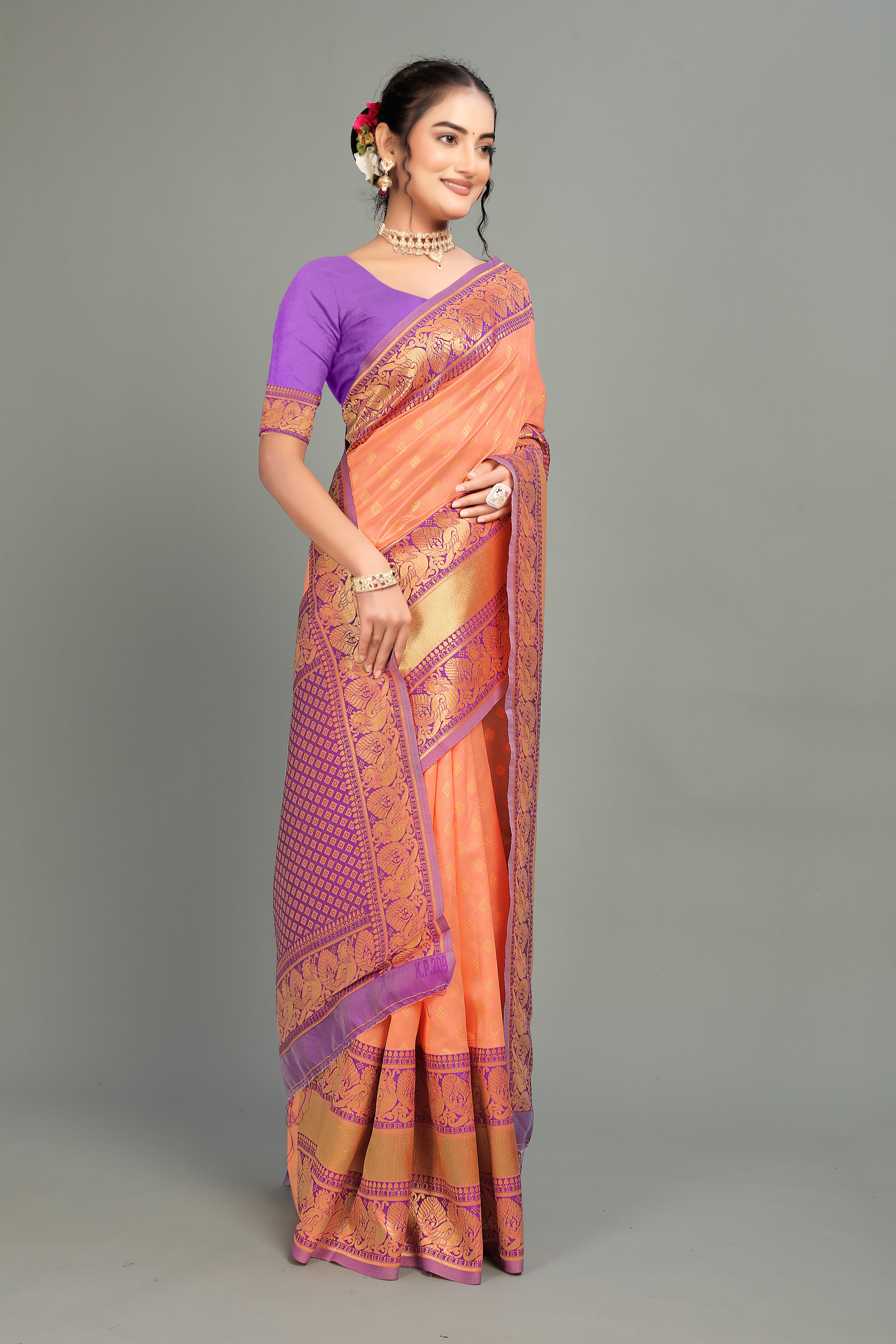 Peach Weaving Banarasi Silk Saree