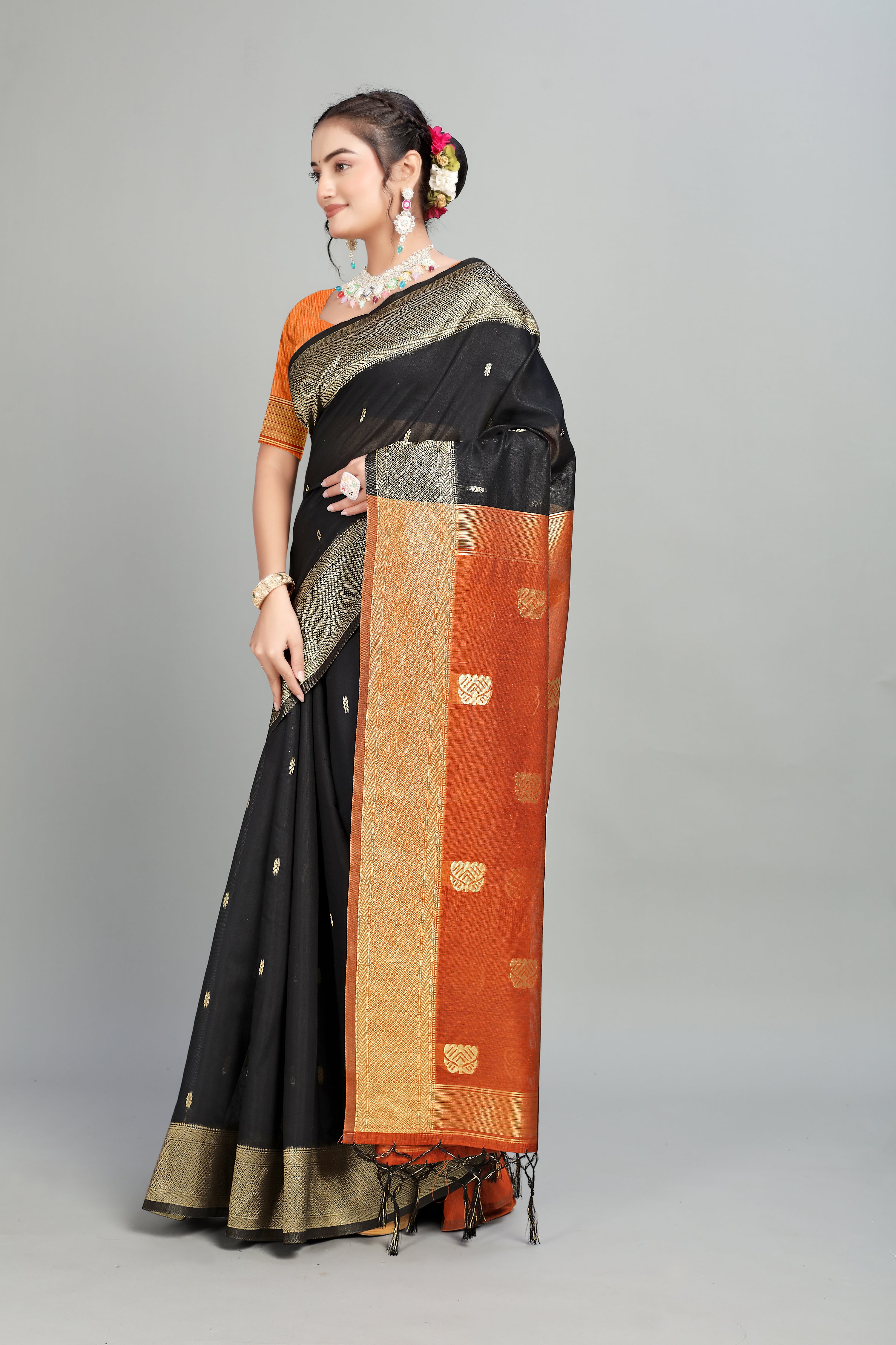 Black Two Toned Weaving Cotton Silk Saree