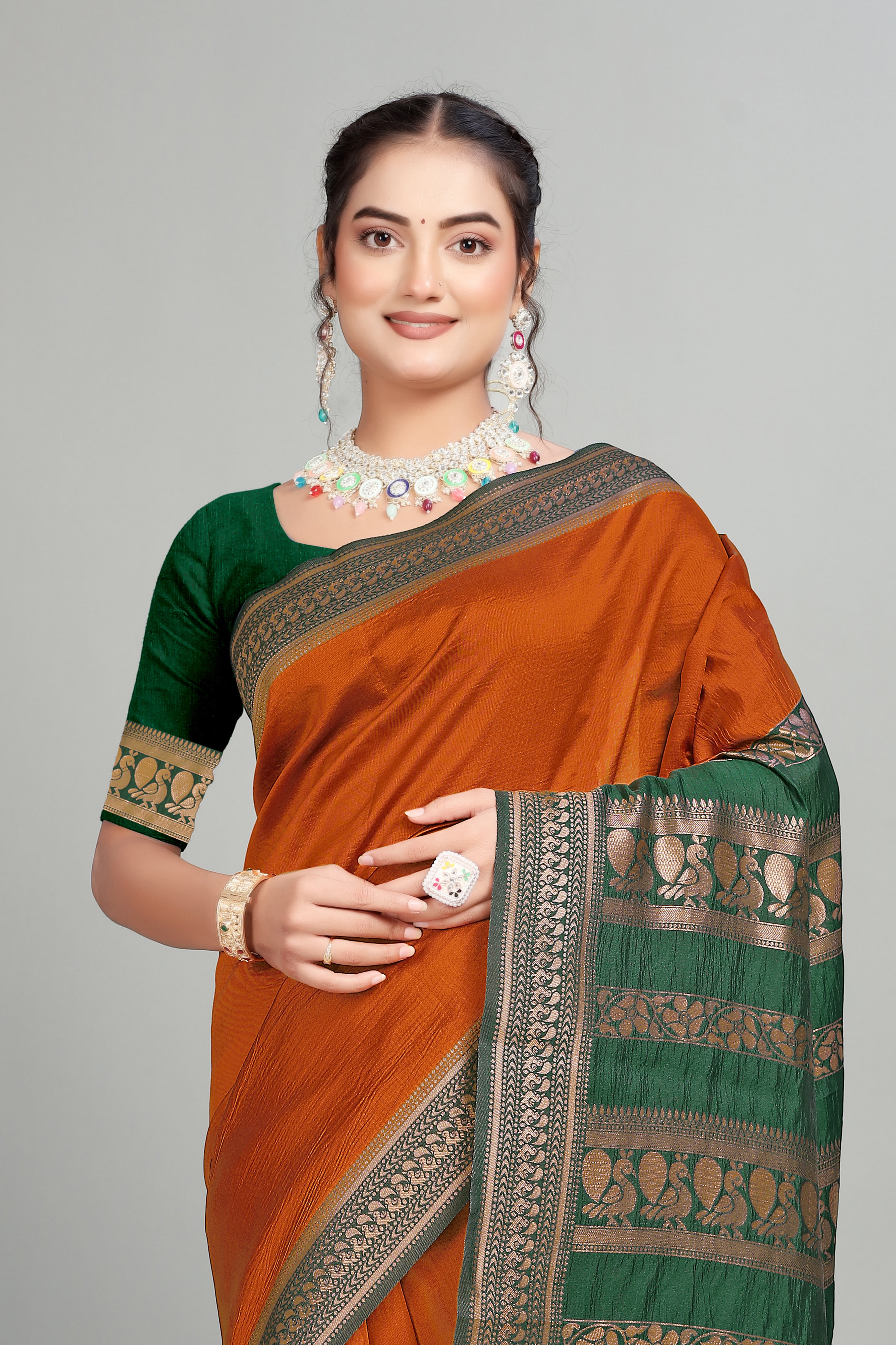 Orange Solid Woven Silk Saree