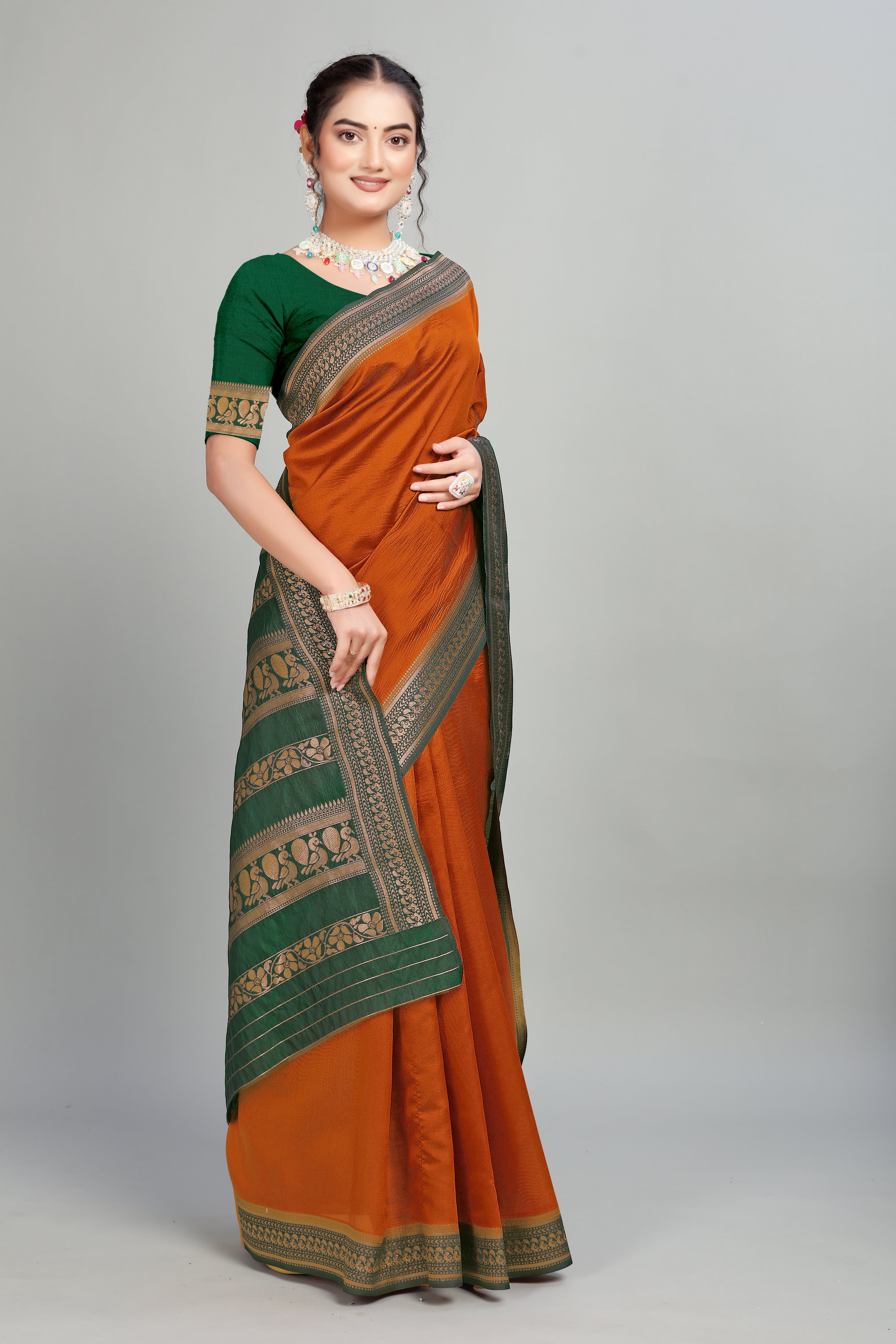 Orange Solid Woven Silk Saree