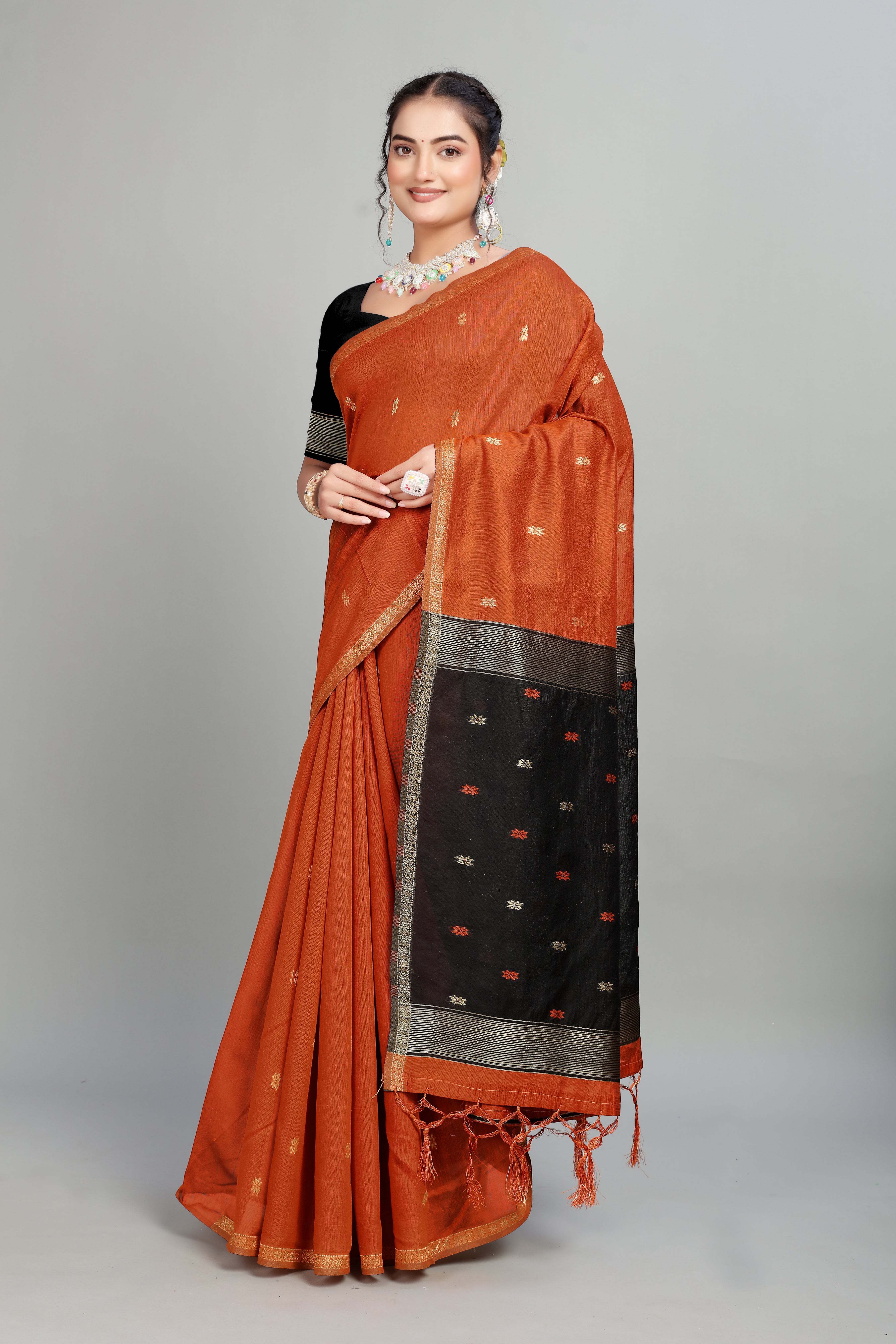 Orange Toned Weaving Cotton Silk Saree