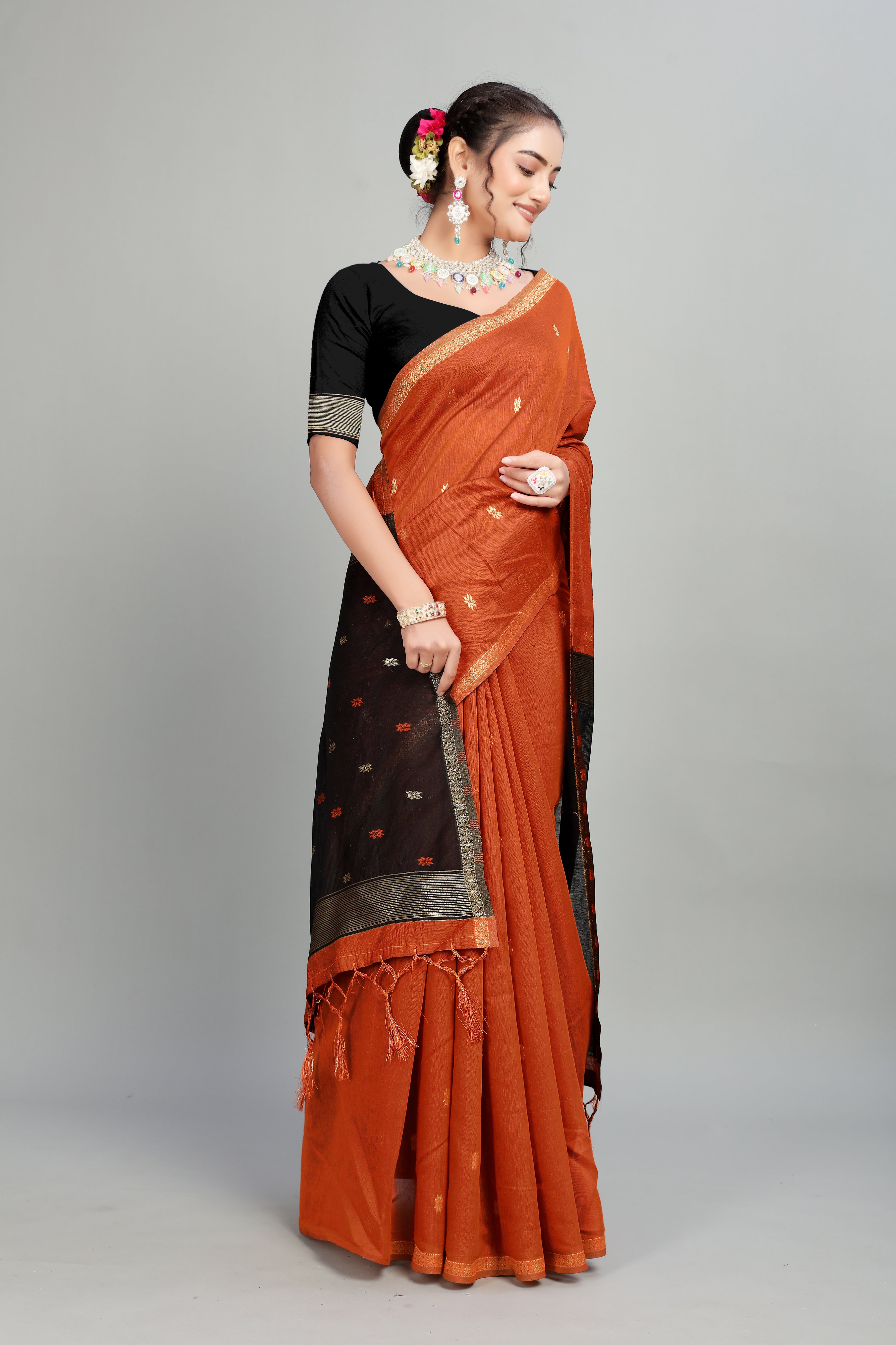 Orange Toned Weaving Cotton Silk Saree