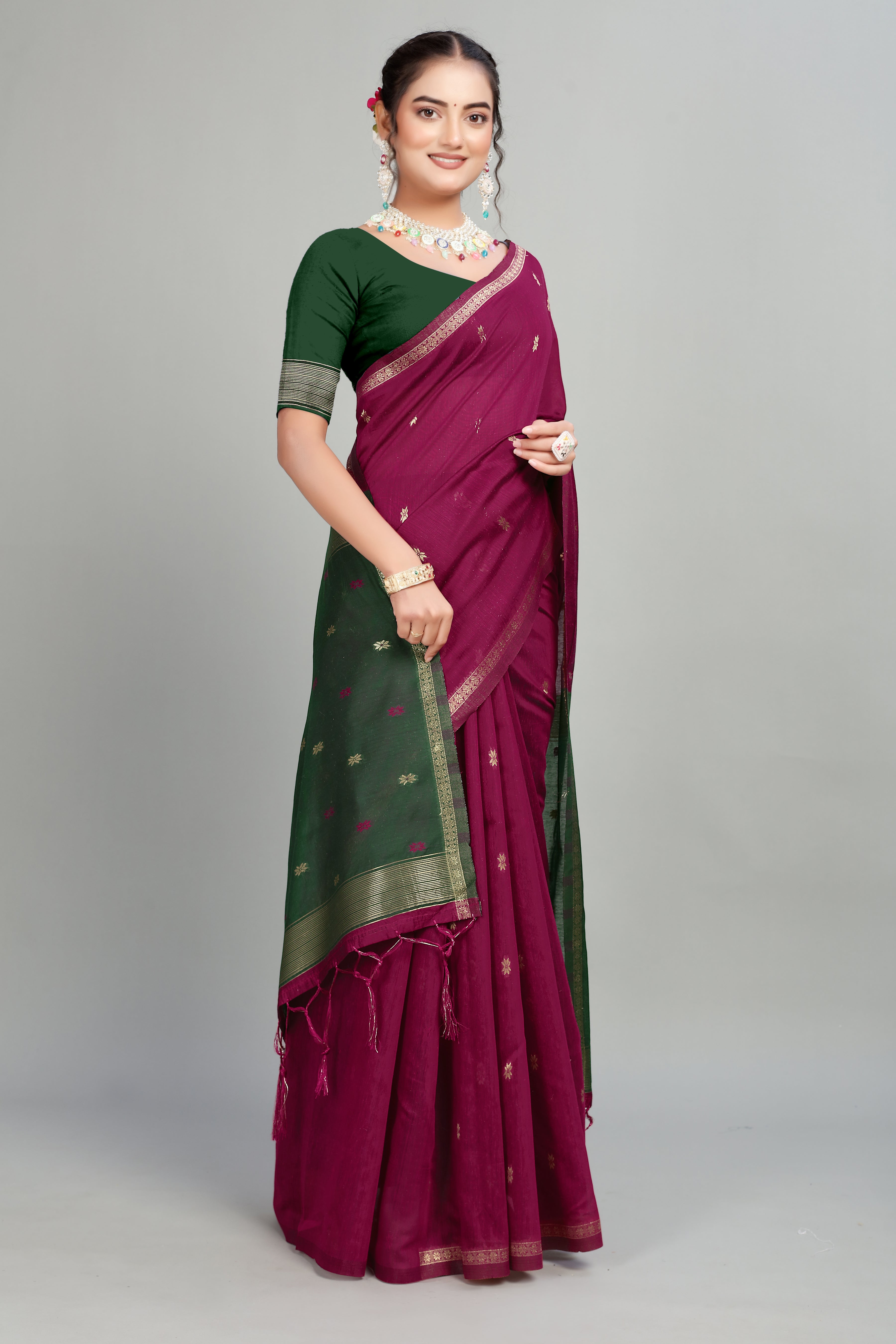 Purple Toned Weaving Cotton Silk Saree