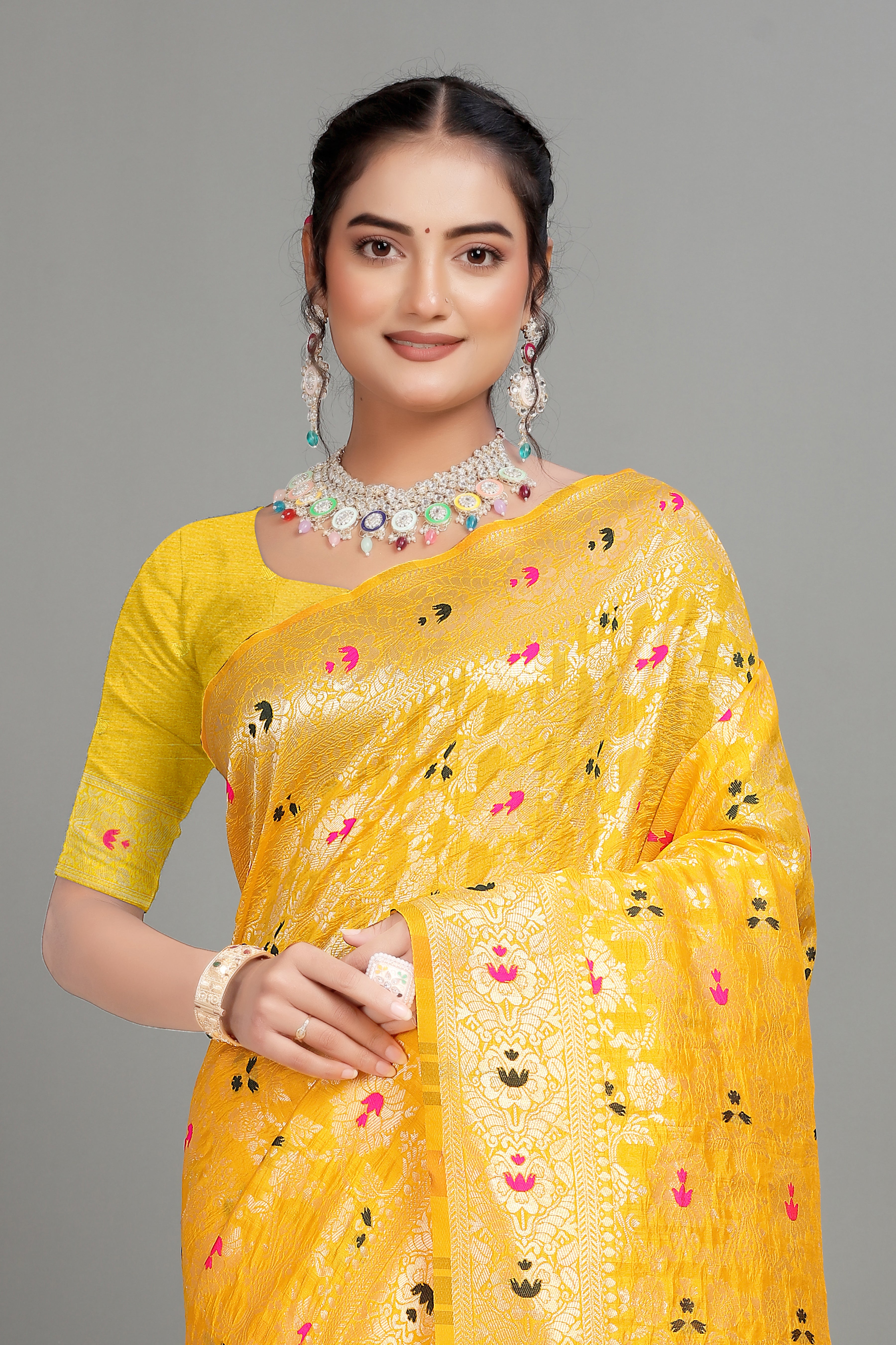 Yellow Banarasi Woven Silk Blend Saree
