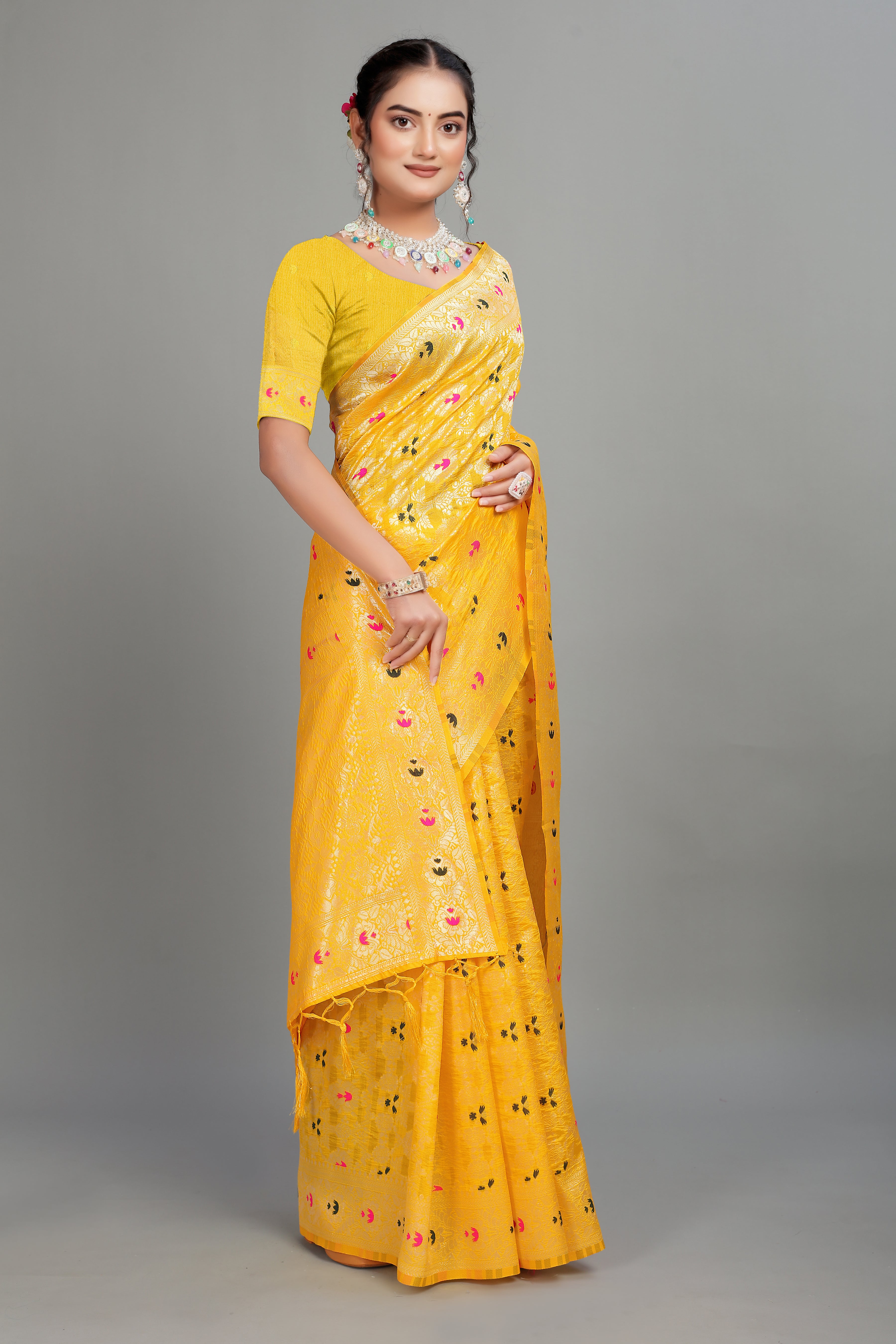 Yellow Banarasi Woven Silk Blend Saree