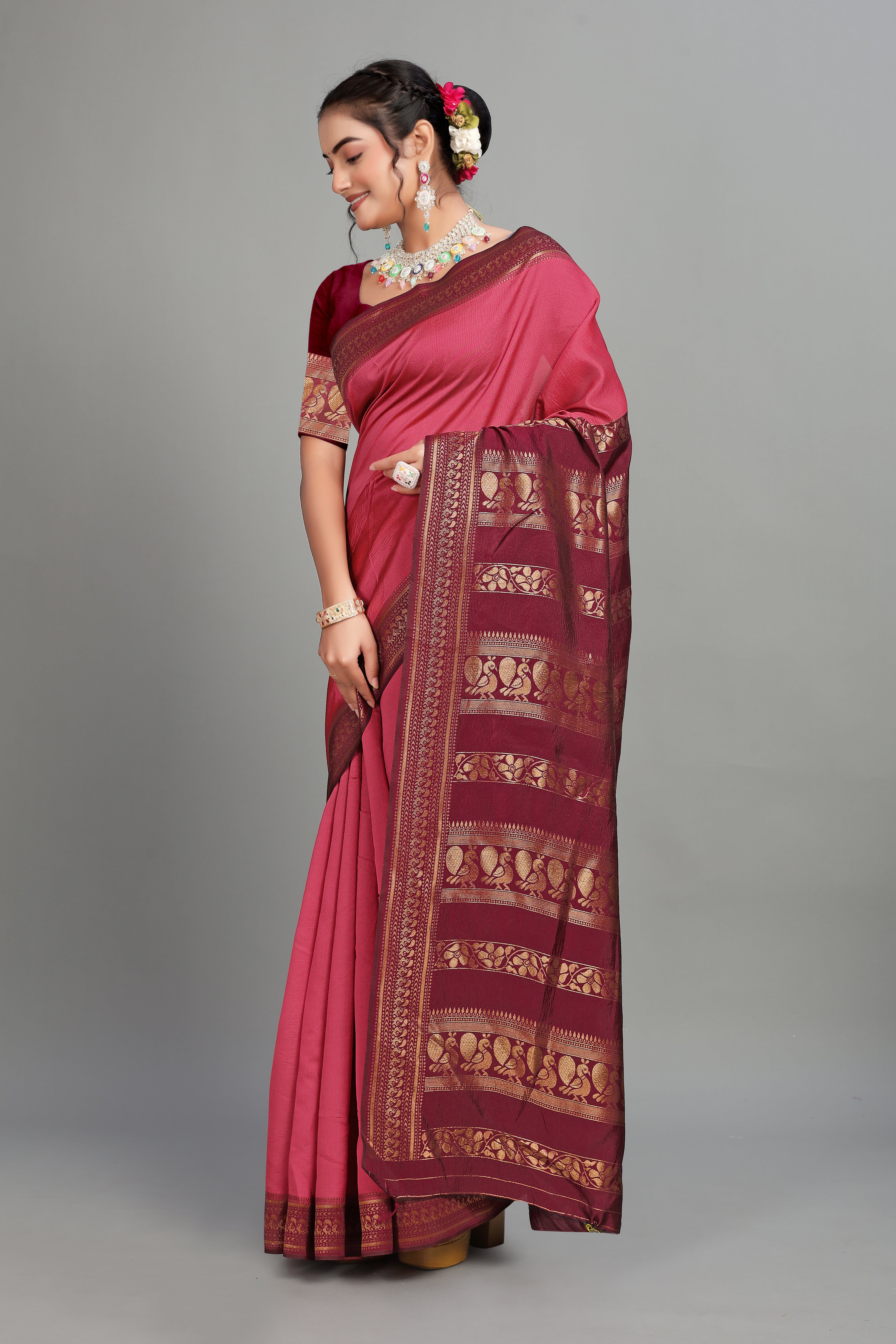 Pink Solid Woven Silk Saree