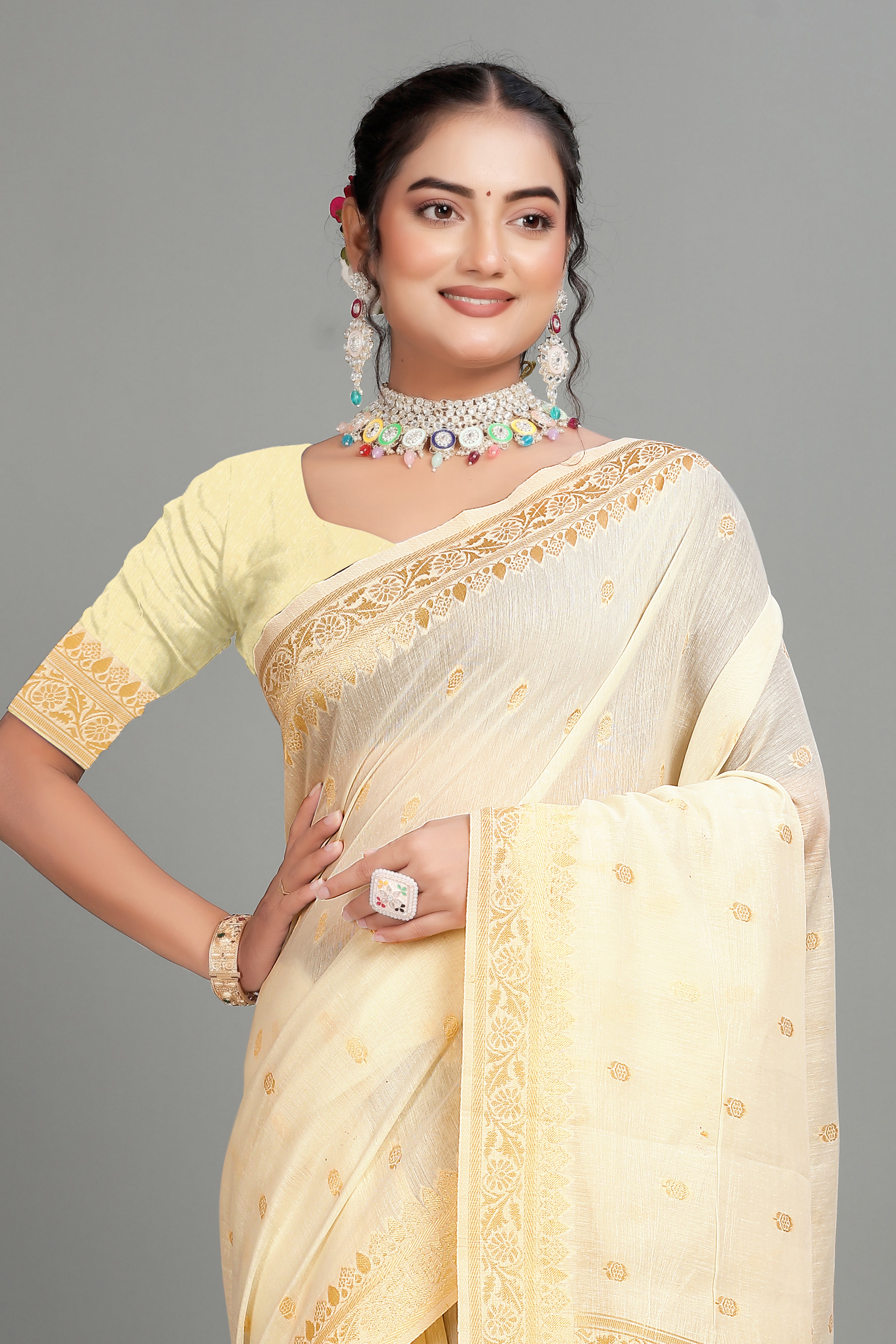 Off White Soft Lilan Slab Butti Print Casual Wear Saree