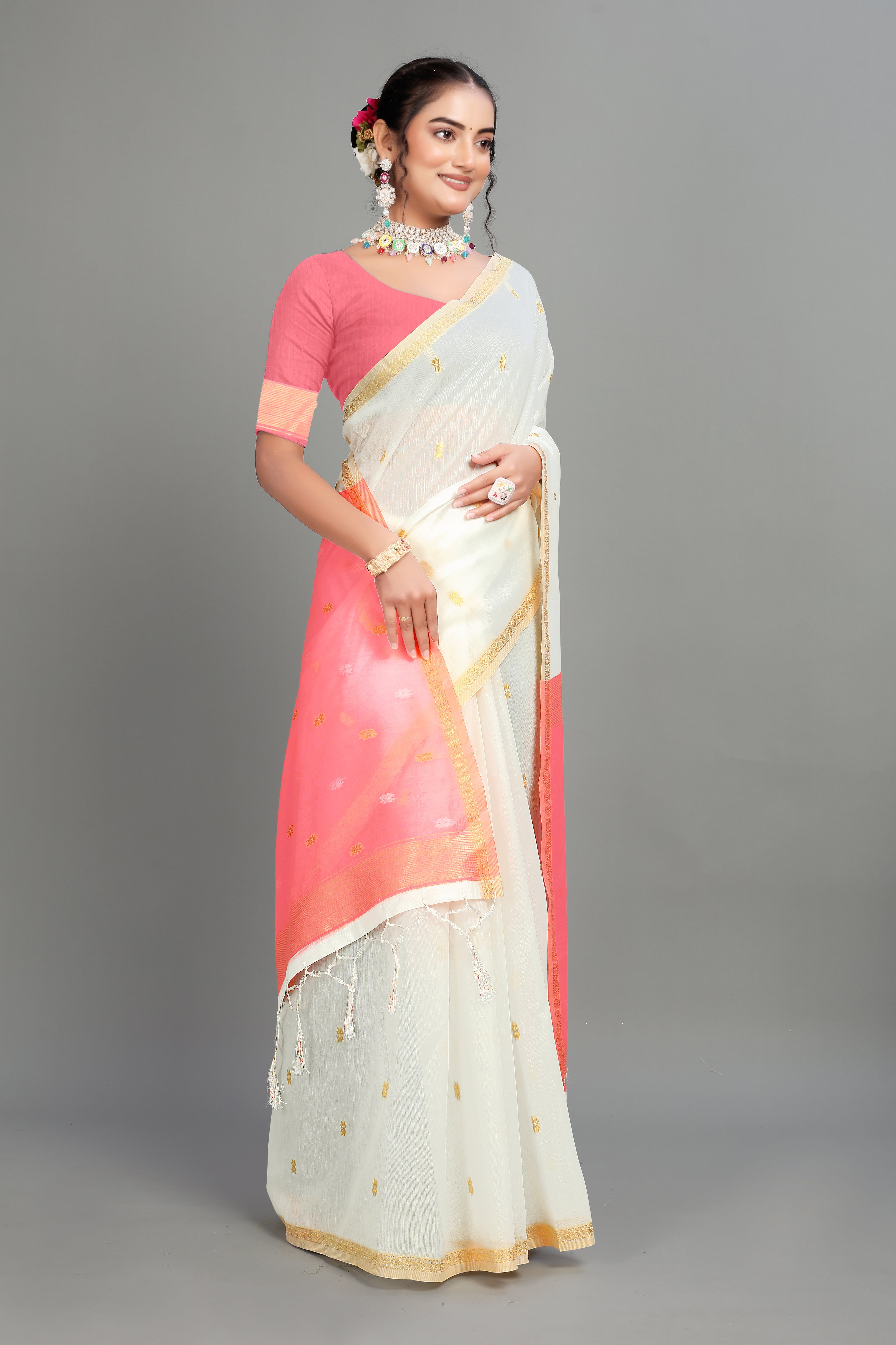 White Toned Weaving Cotton Silk Saree