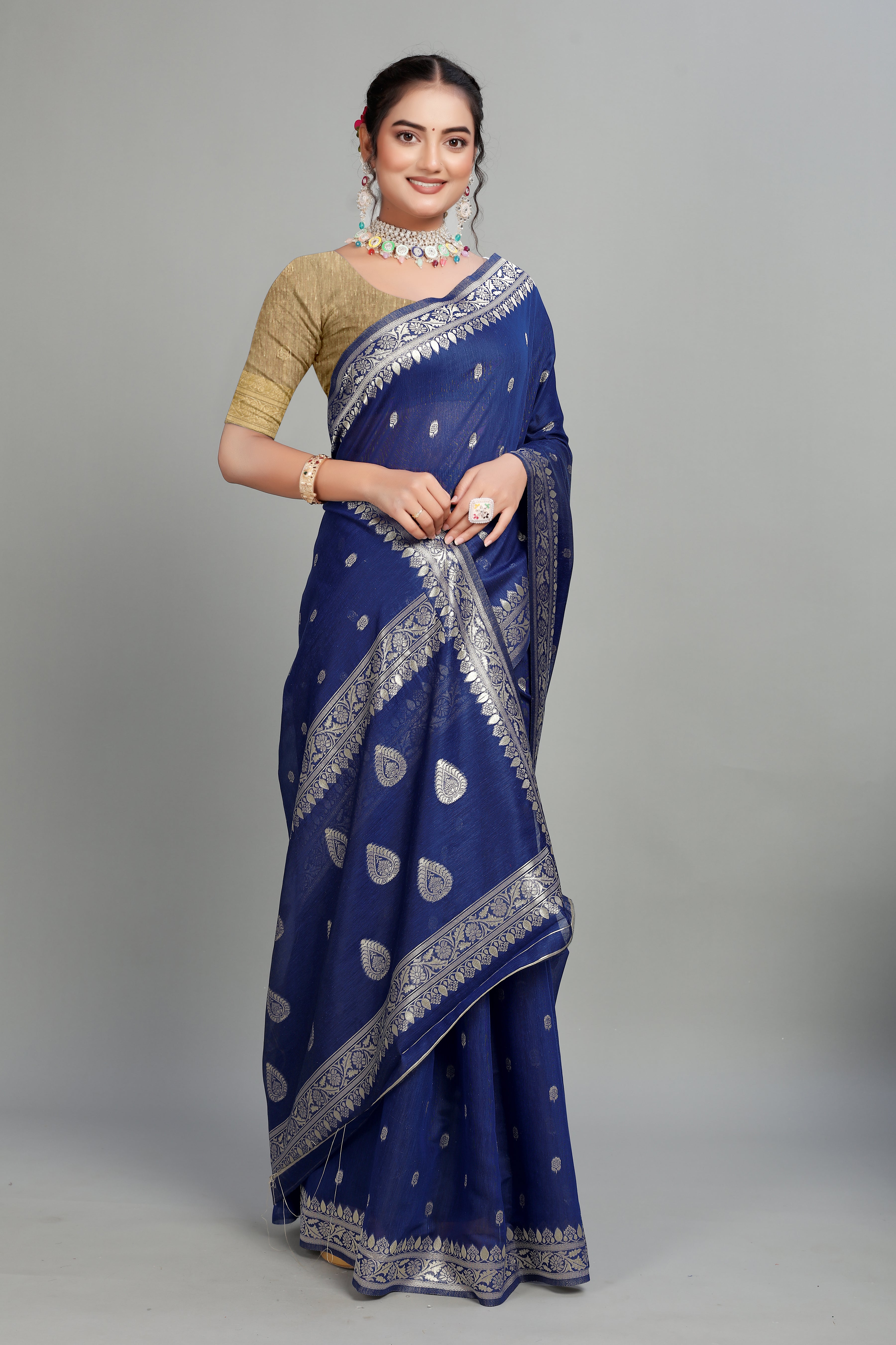 Blue Soft Lilan Slab Butti Print Casual Wear Saree