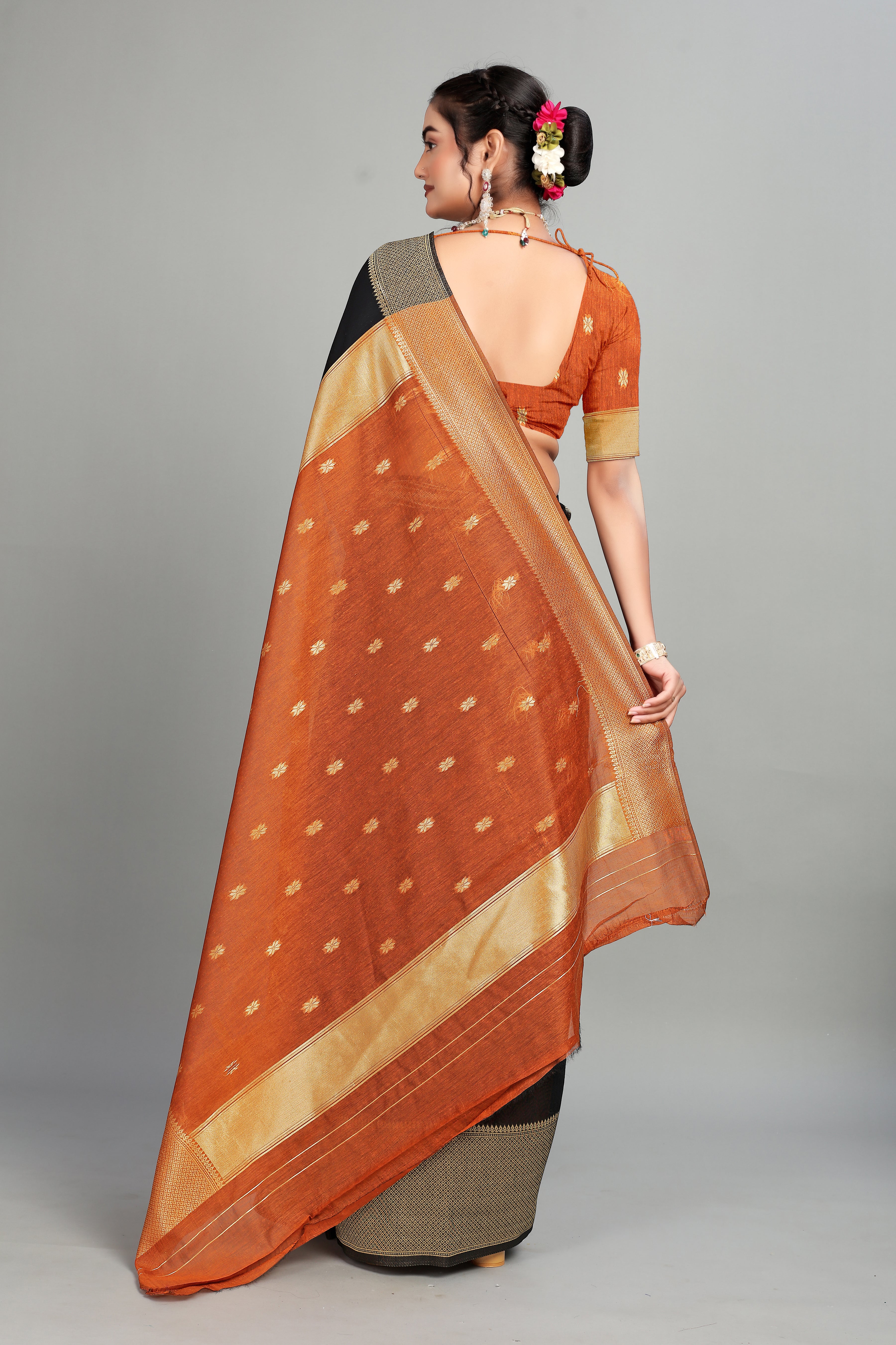 Orange-Black Cotton Silk Saree