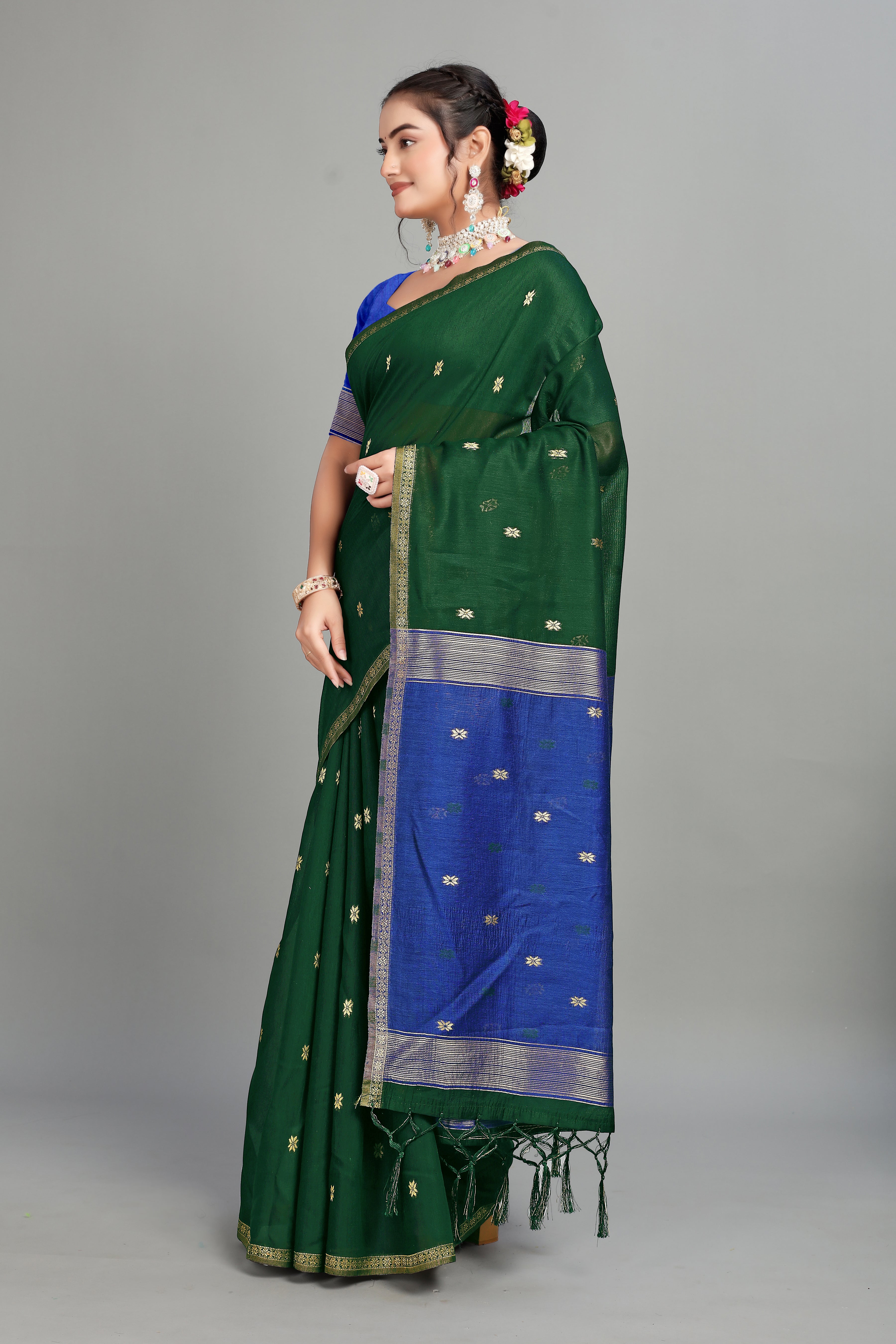 Dark Green Toned Weaving Cotton Silk Saree