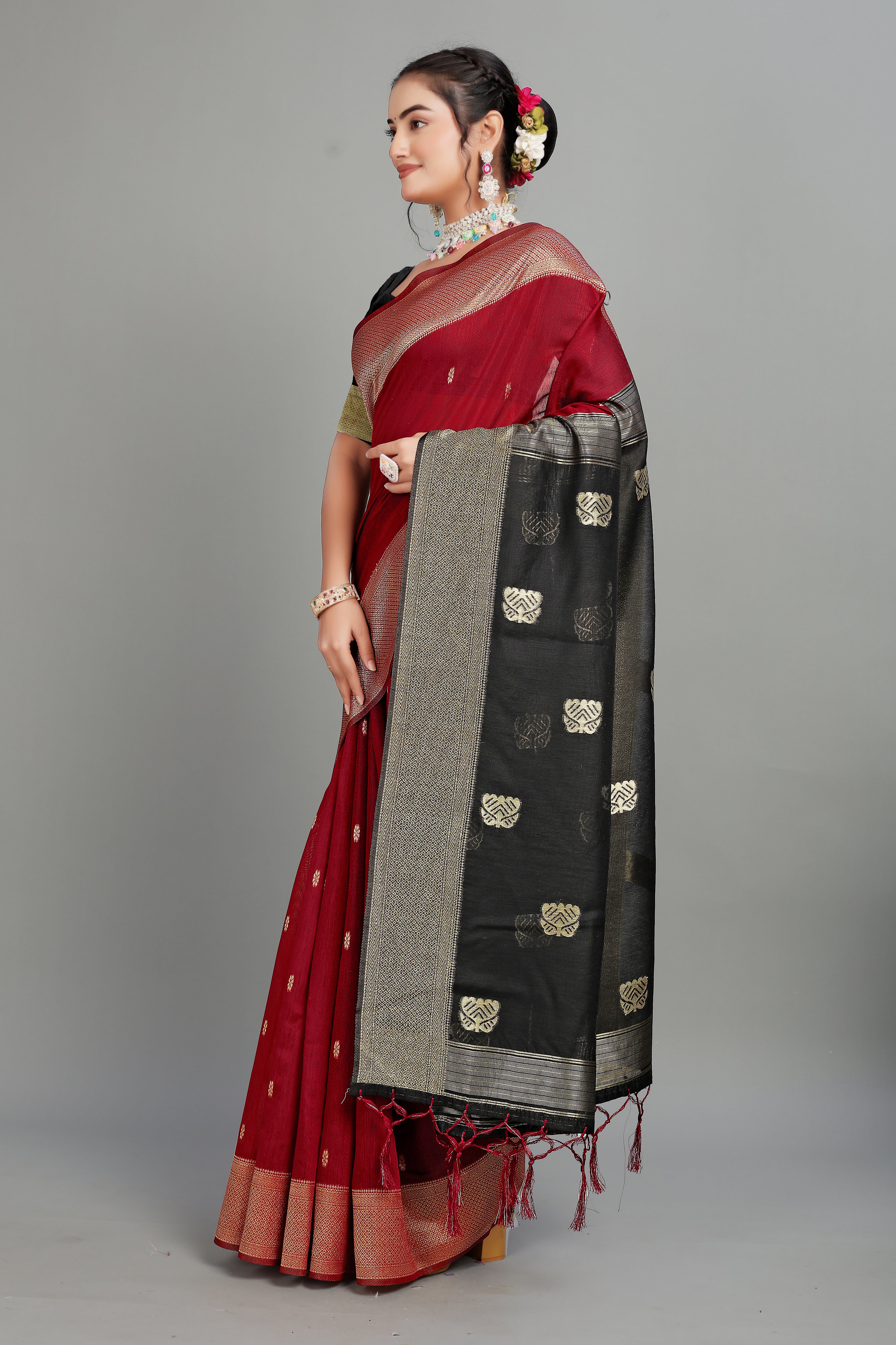 Red Toned Weaving Cotton Silk Saree