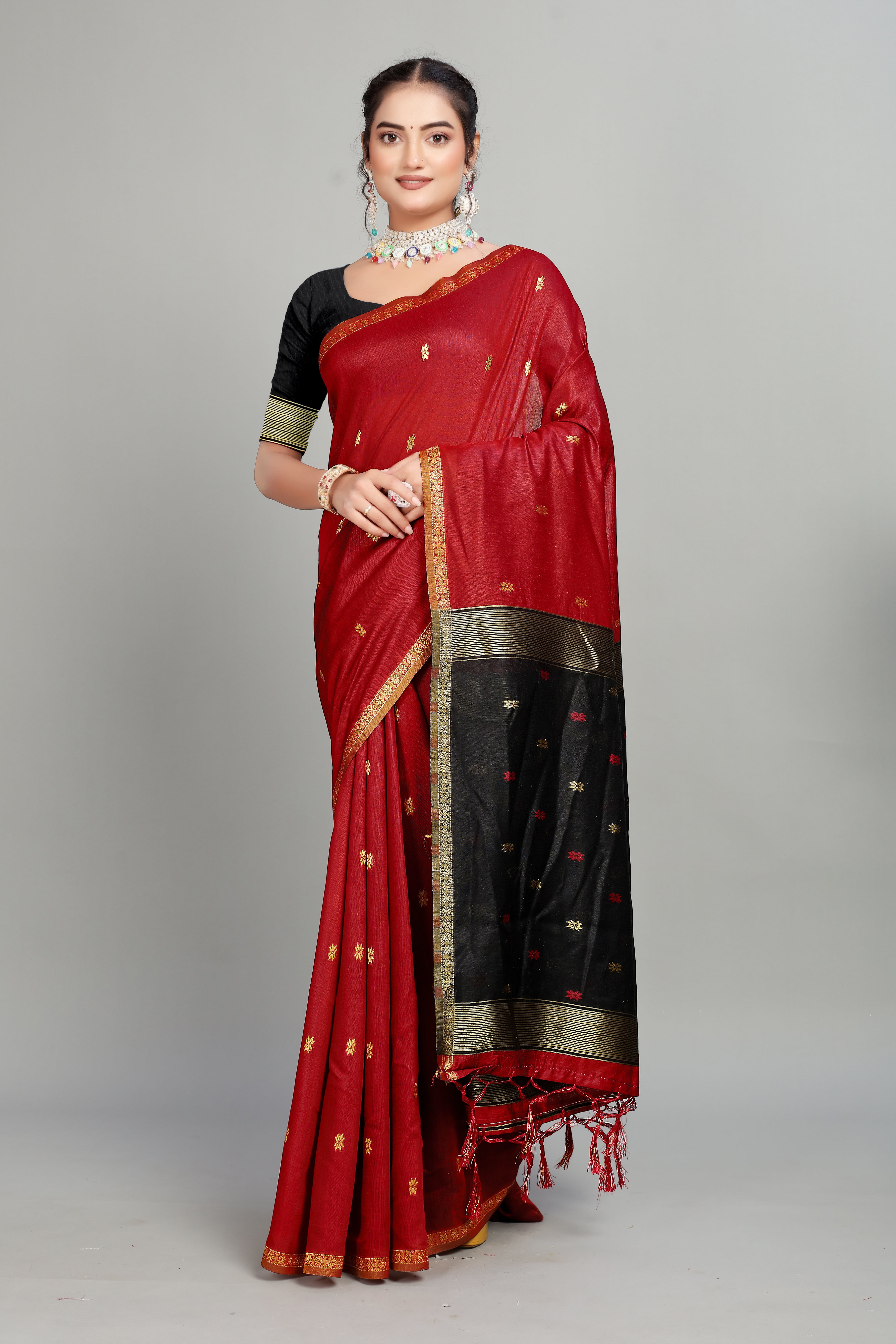 Red Toned Weaving Cotton Silk Saree