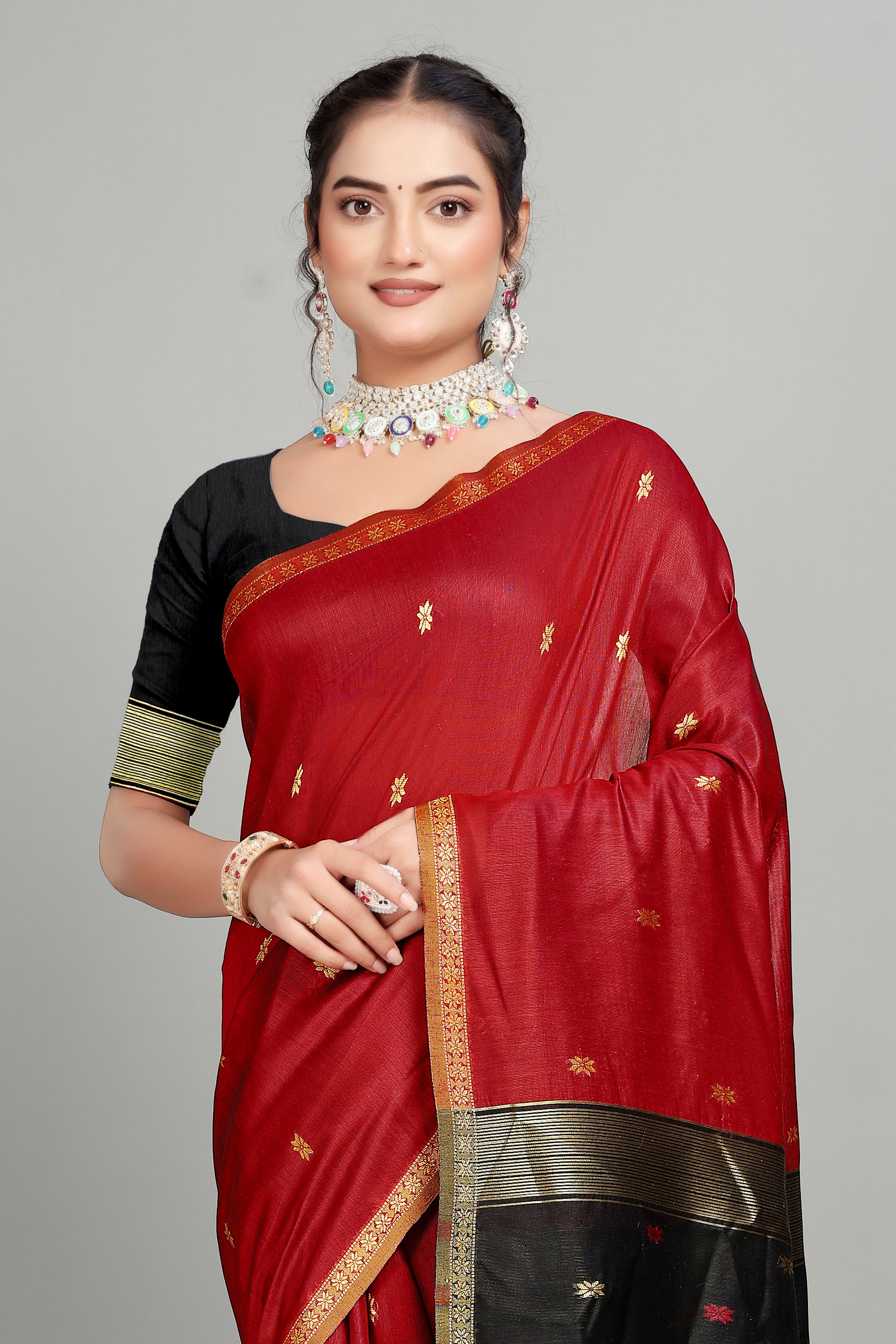 Red Toned Weaving Cotton Silk Saree