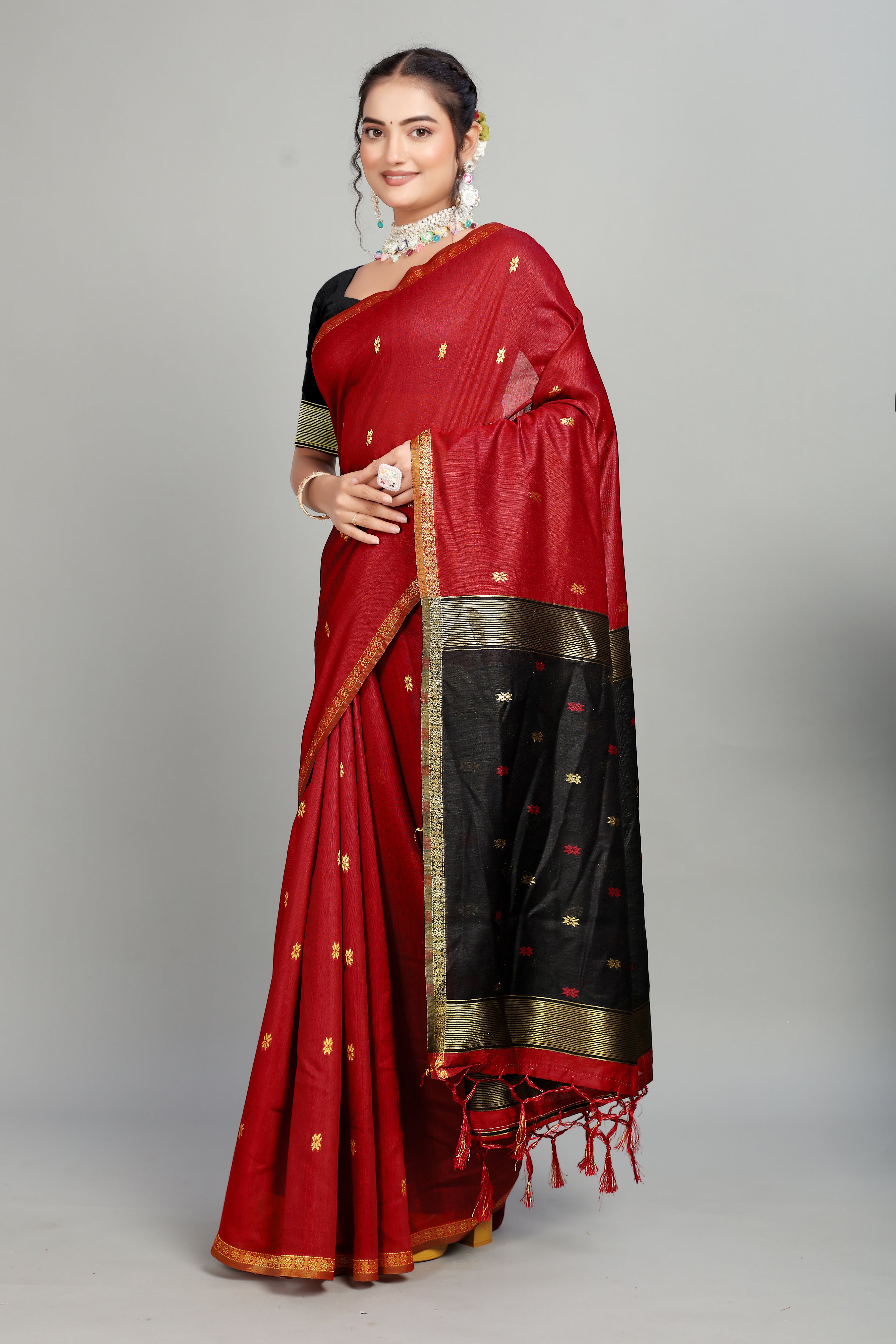 Red Toned Weaving Cotton Silk Saree