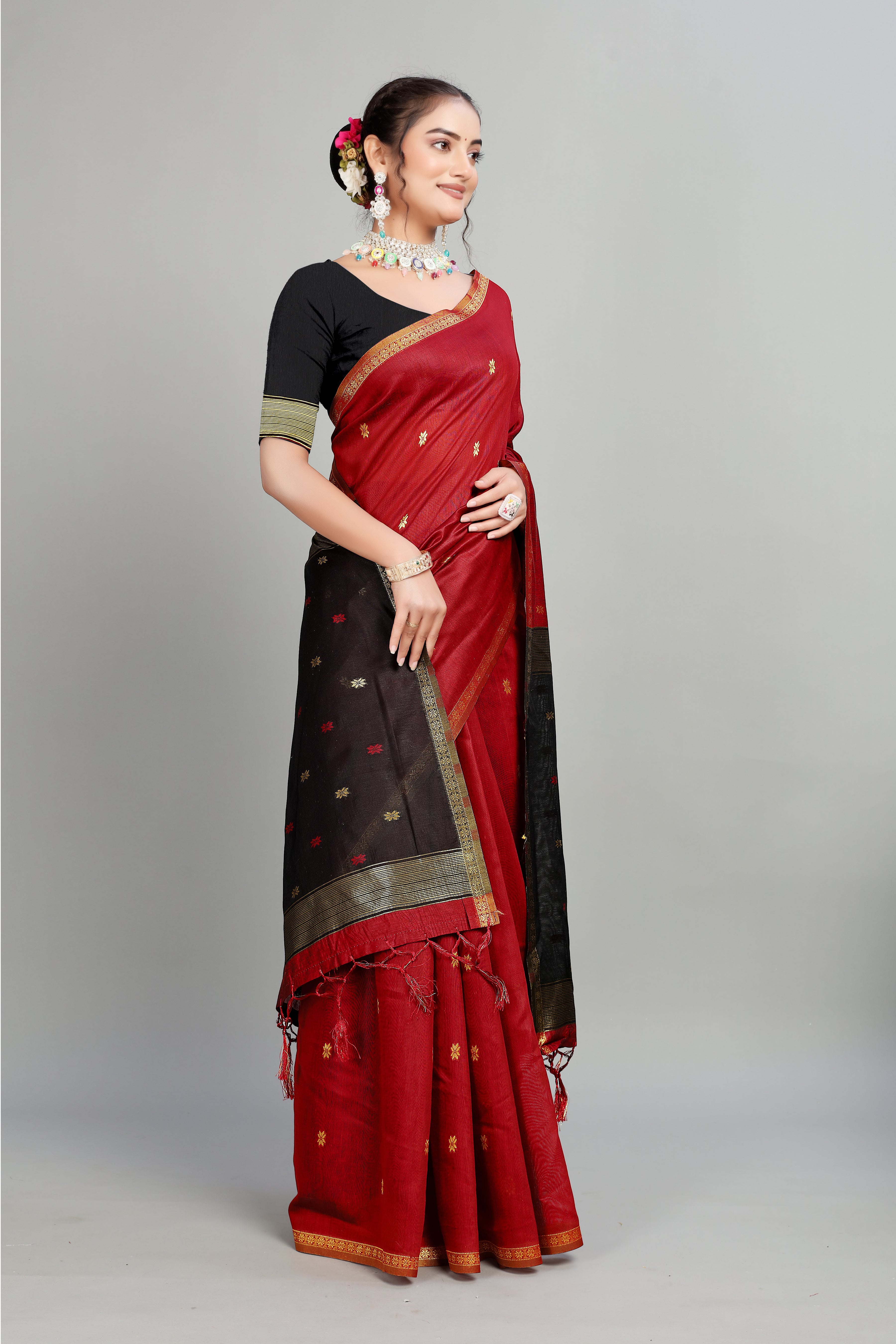 Red Toned Weaving Cotton Silk Saree