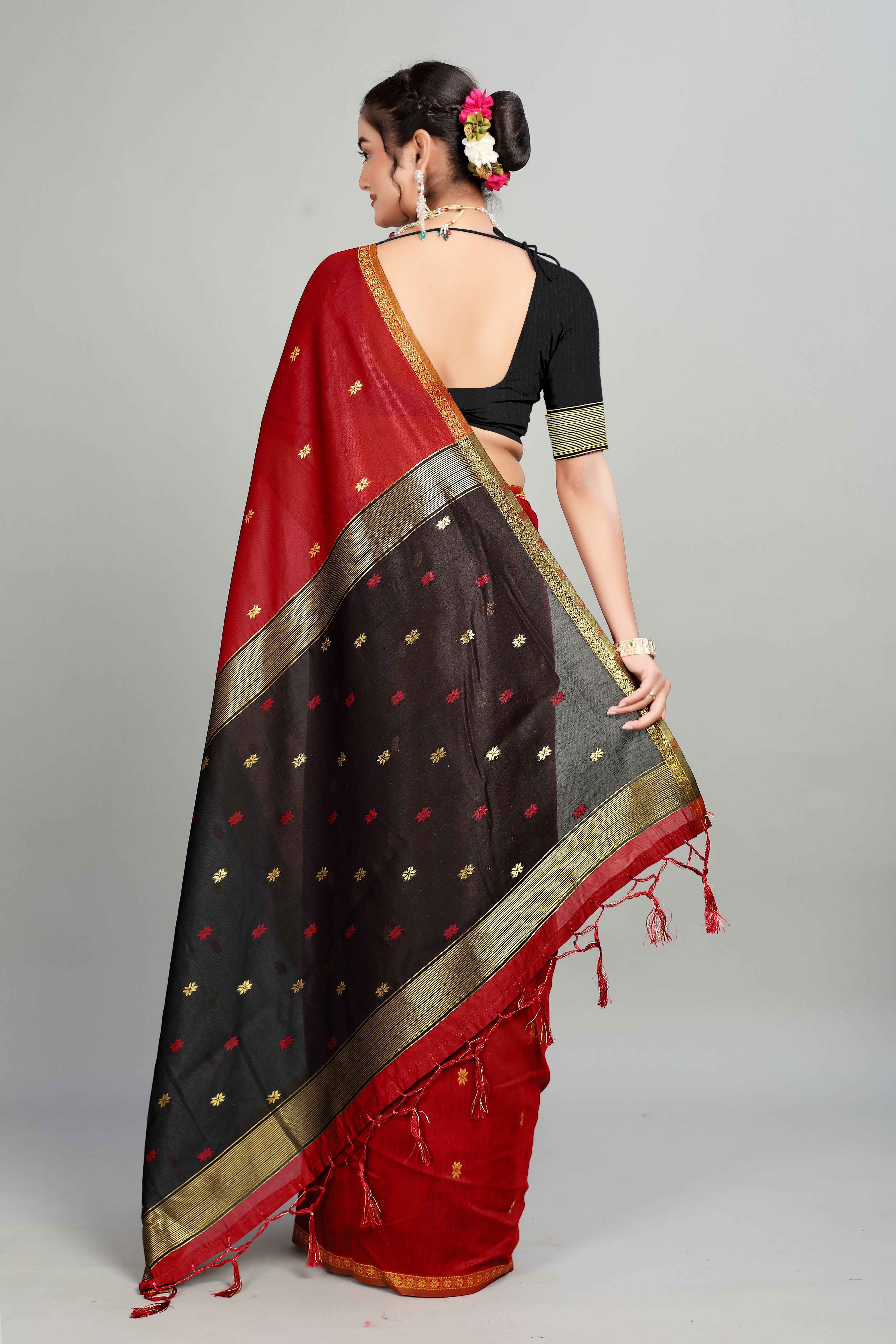 Red Toned Weaving Cotton Silk Saree