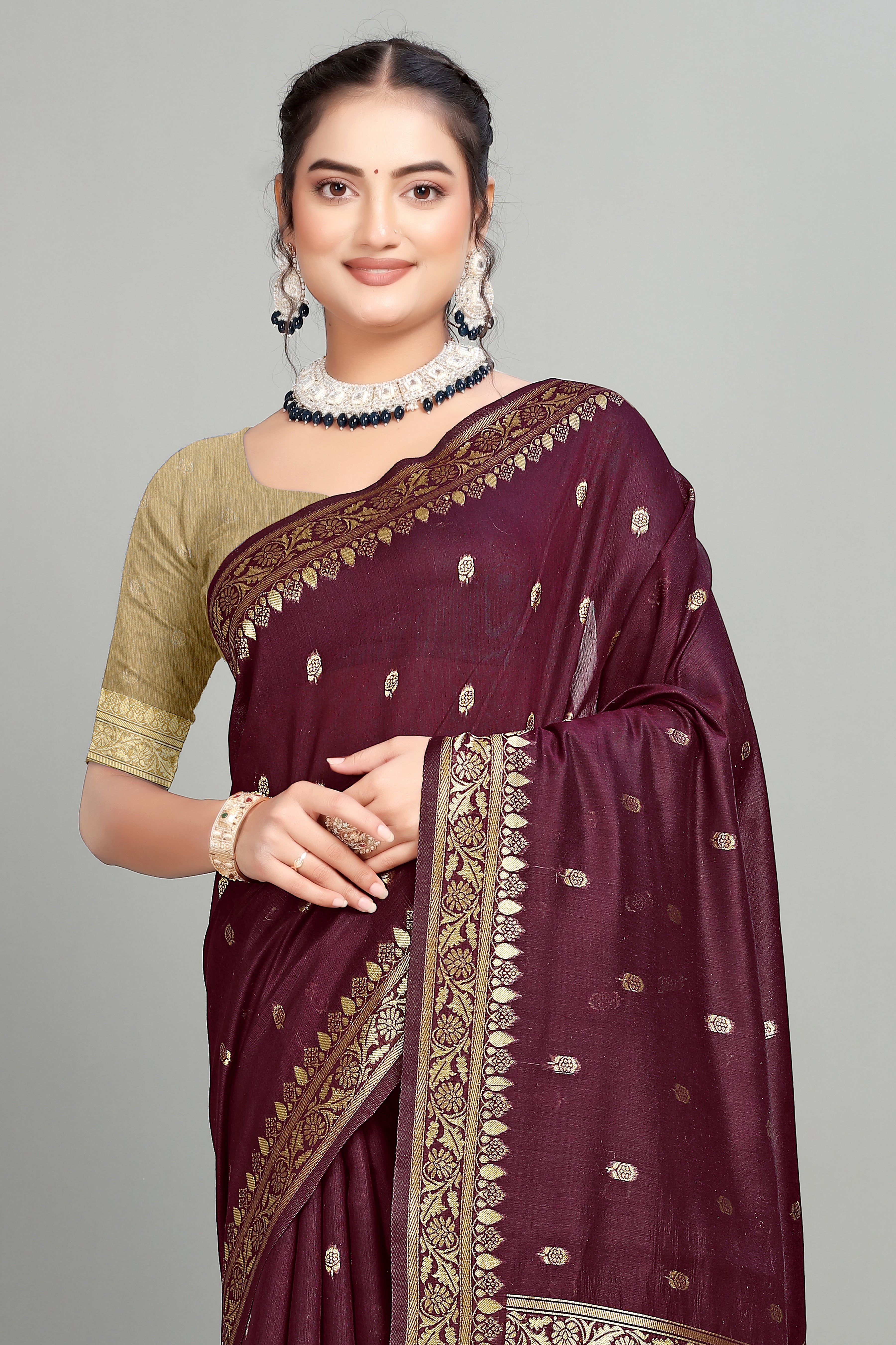 Maroon Soft Lilan Slab Butti Print Casual Wear Saree