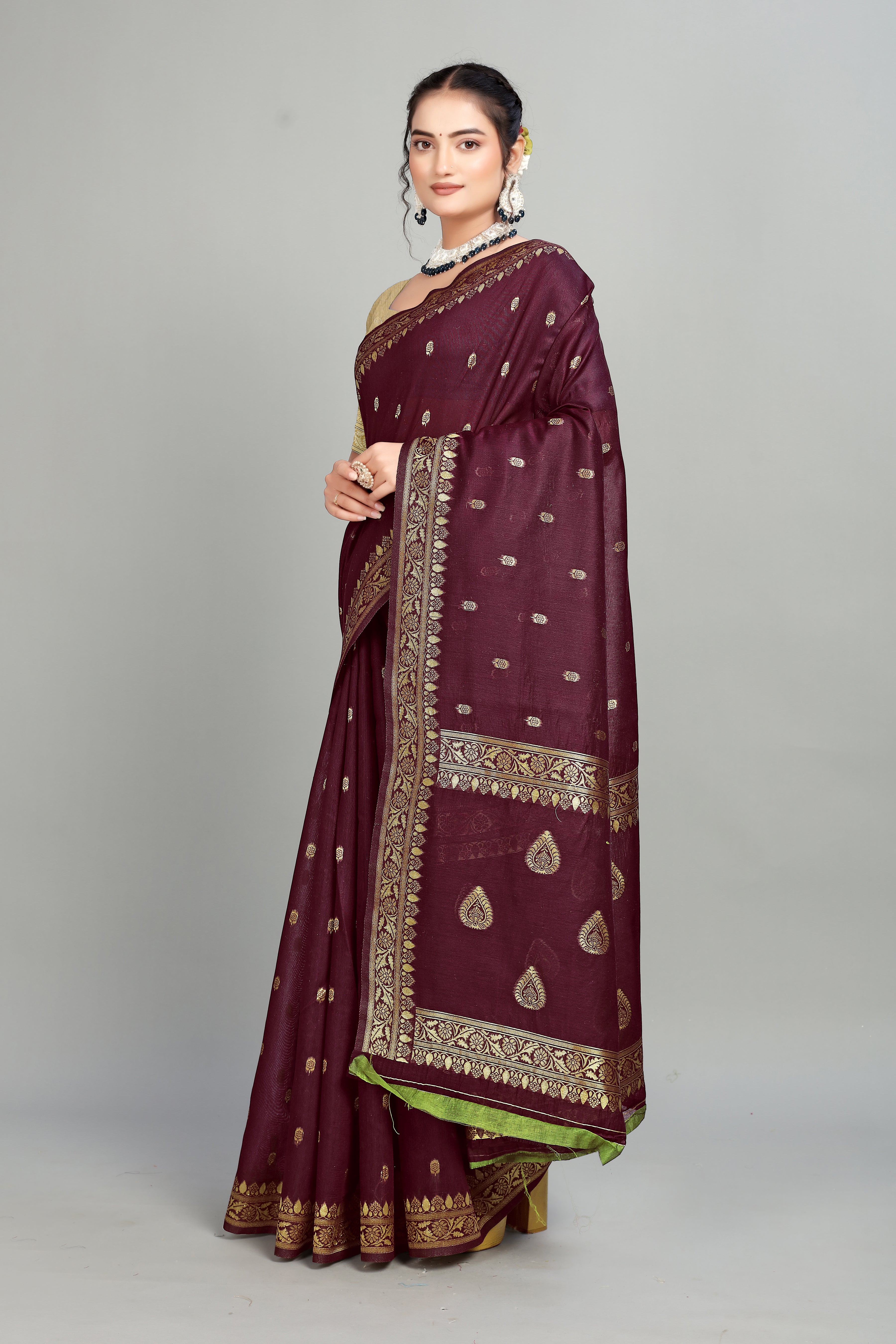 Maroon Soft Lilan Slab Butti Print Casual Wear Saree