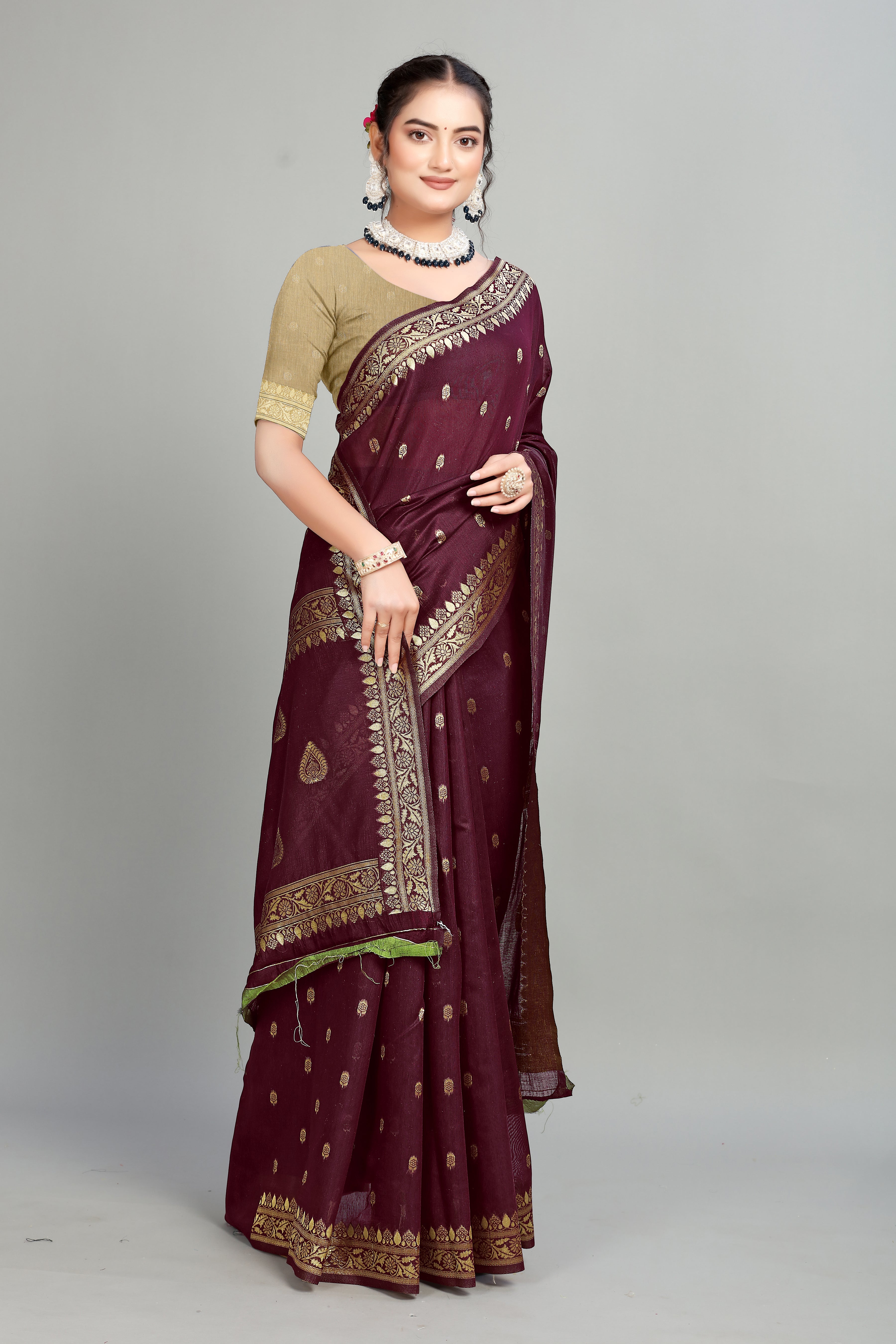 Maroon Soft Lilan Slab Butti Print Casual Wear Saree