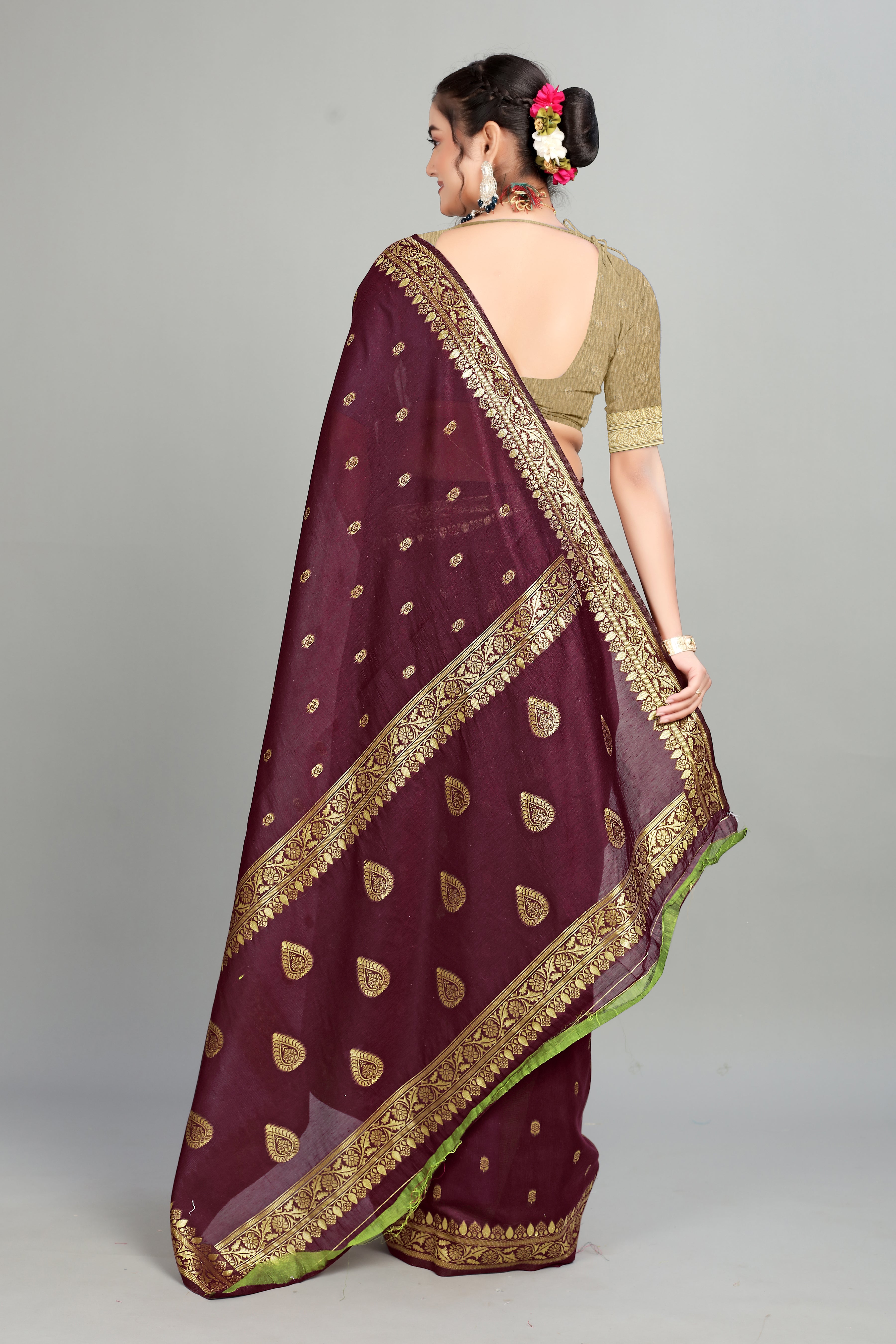 Maroon Soft Lilan Slab Butti Print Casual Wear Saree