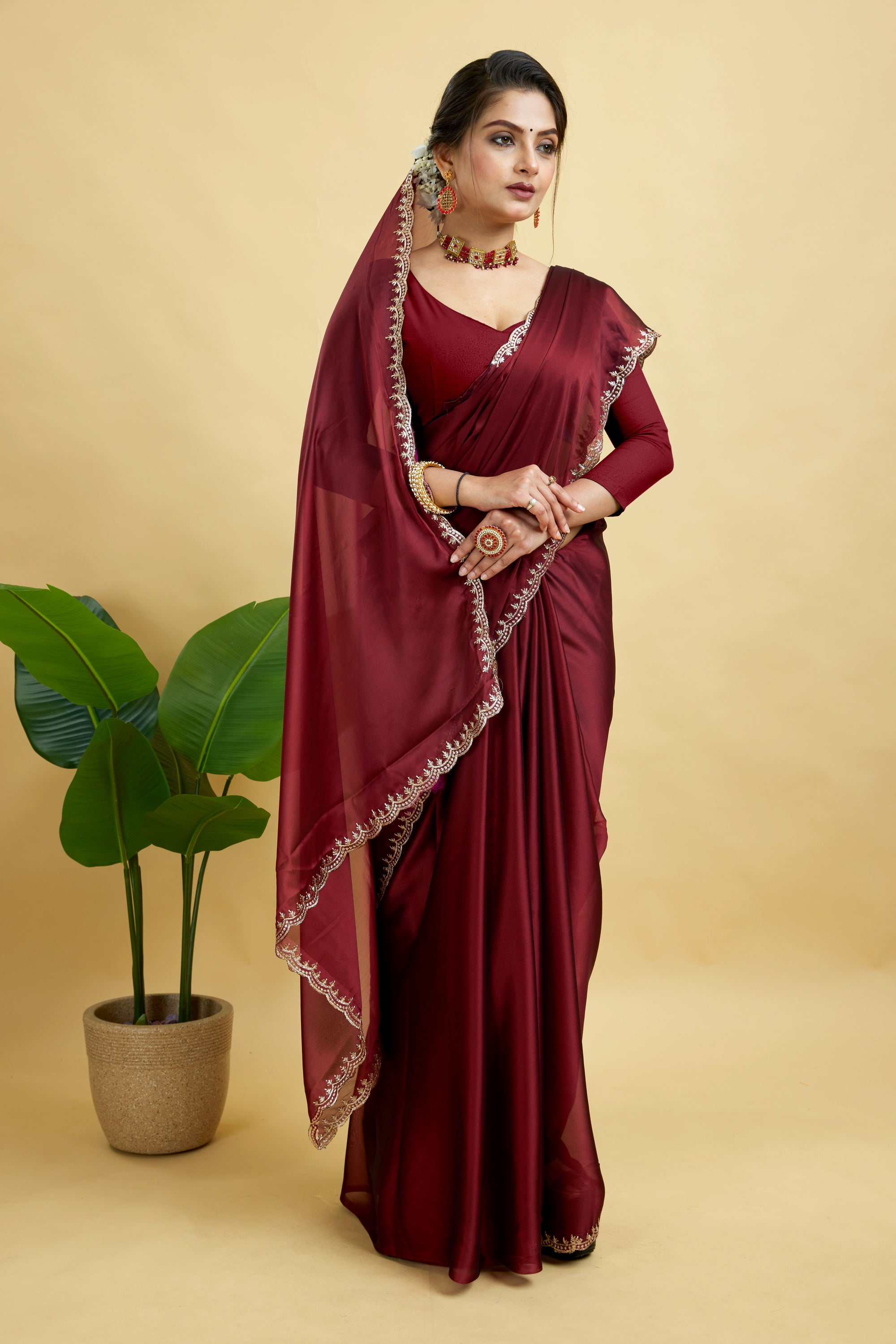 Maroon Embroidered Rangoli Silk Saree