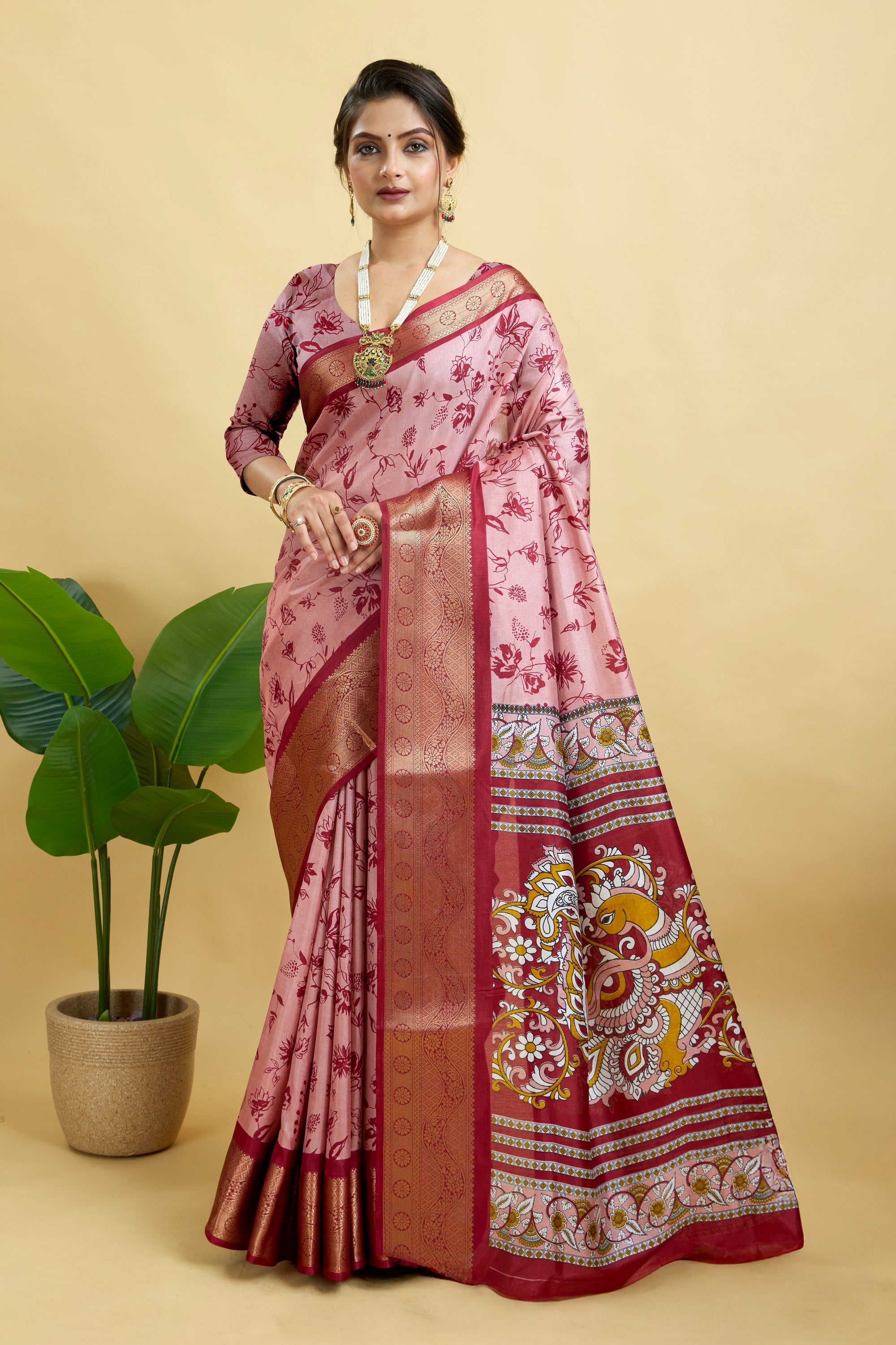 Pink Soft Dola Cotton Printed Saree