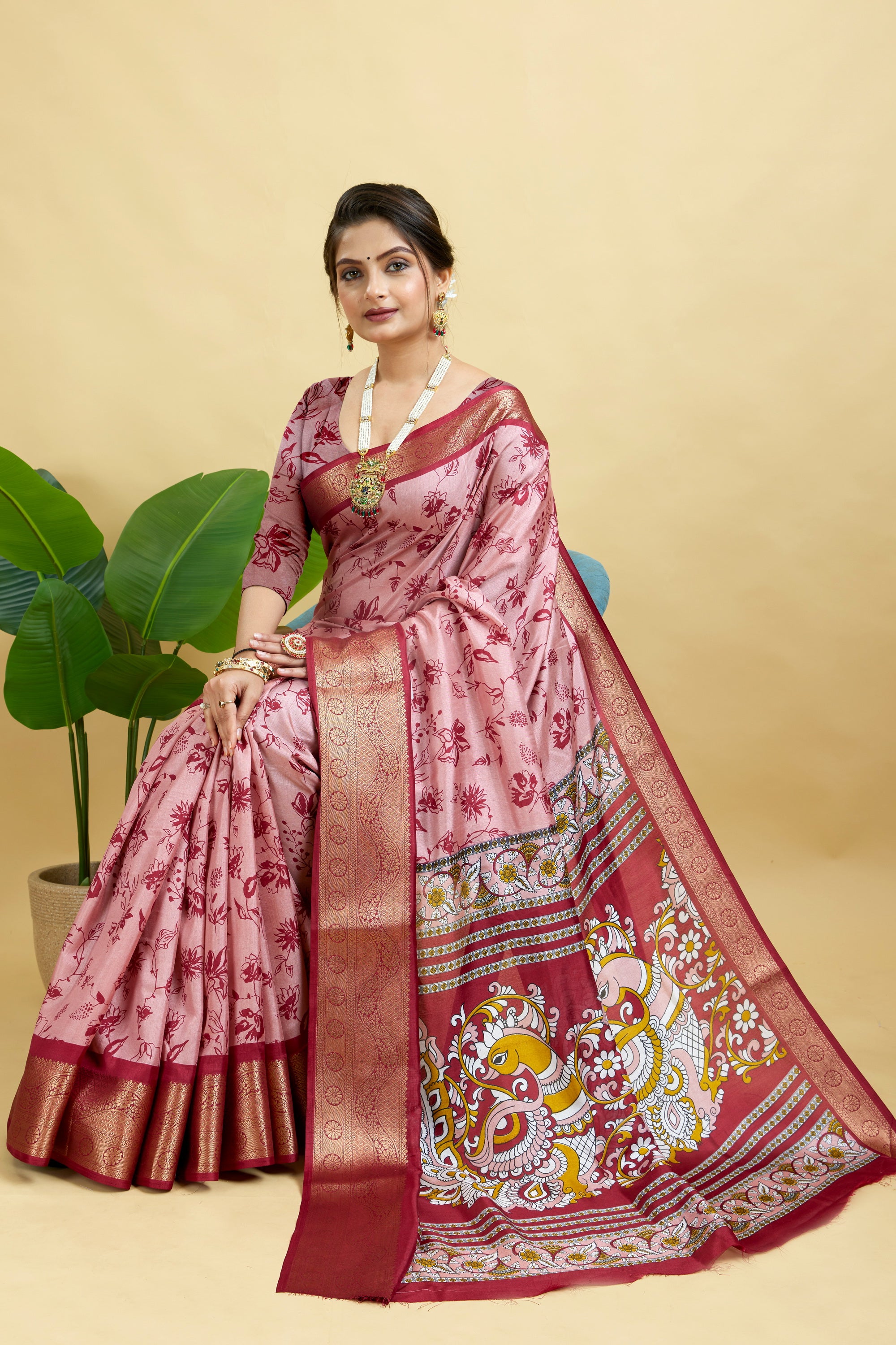 Pink Soft Dola Cotton Printed Saree