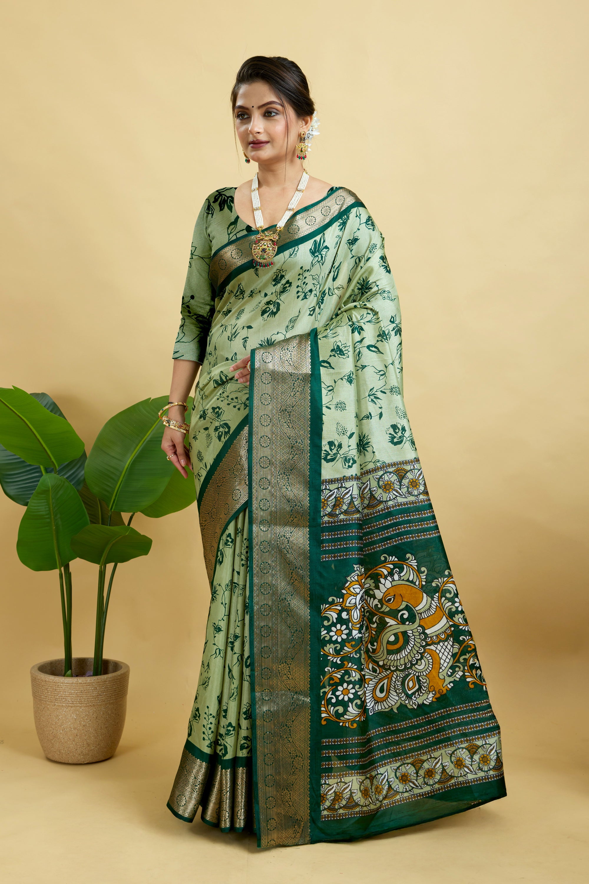 Dark Green Soft Dola Cotton Printed Saree