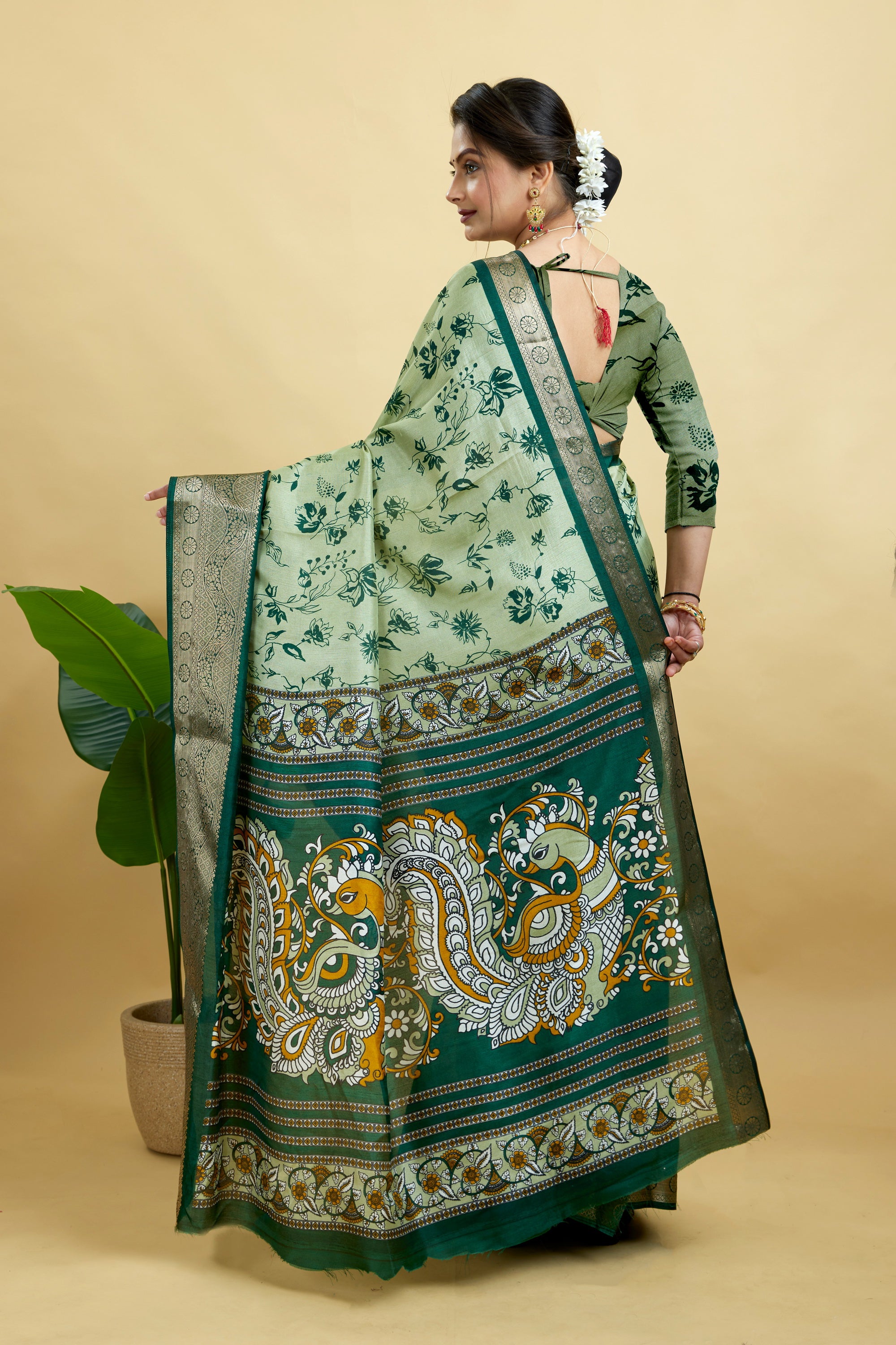 Dark Green Soft Dola Cotton Printed Saree