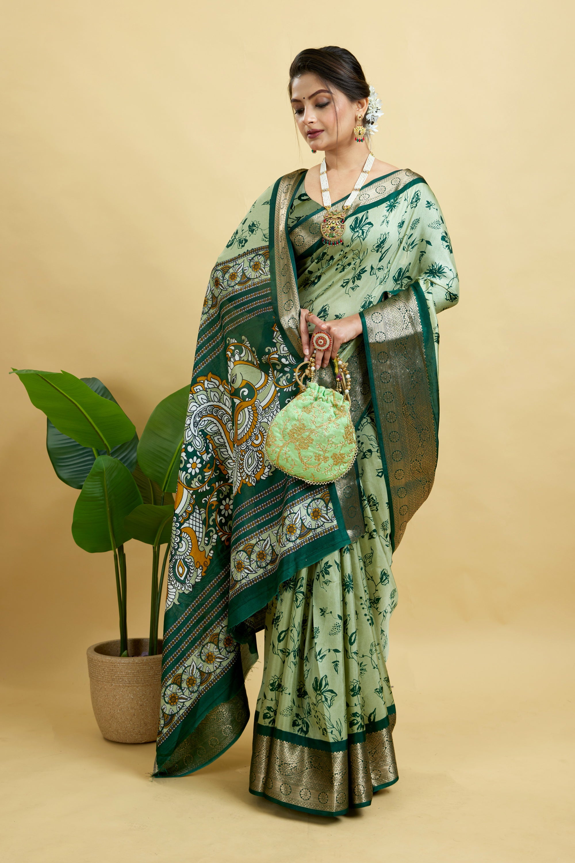 Dark Green Soft Dola Cotton Printed Saree