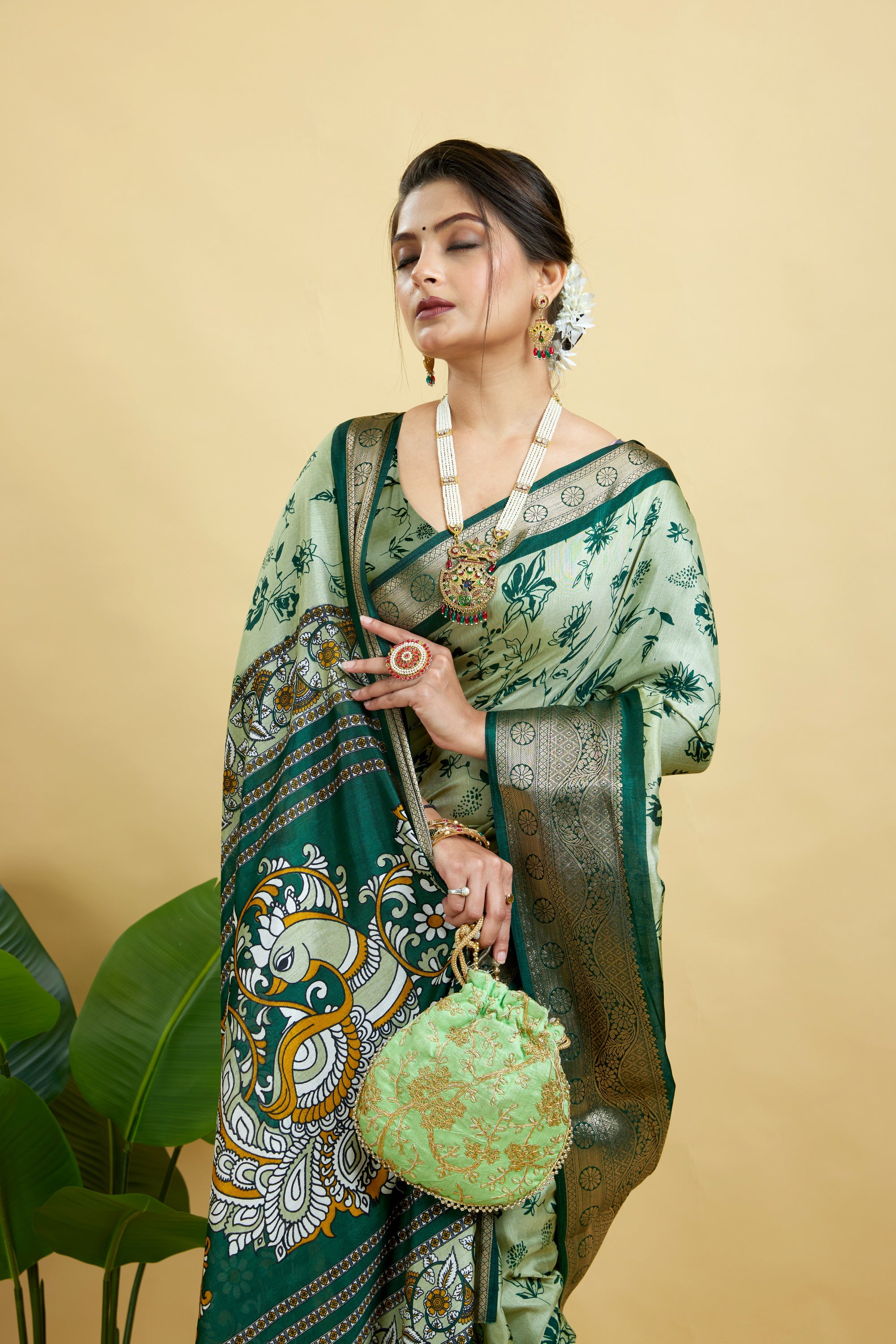 Dark Green Soft Dola Cotton Printed Saree