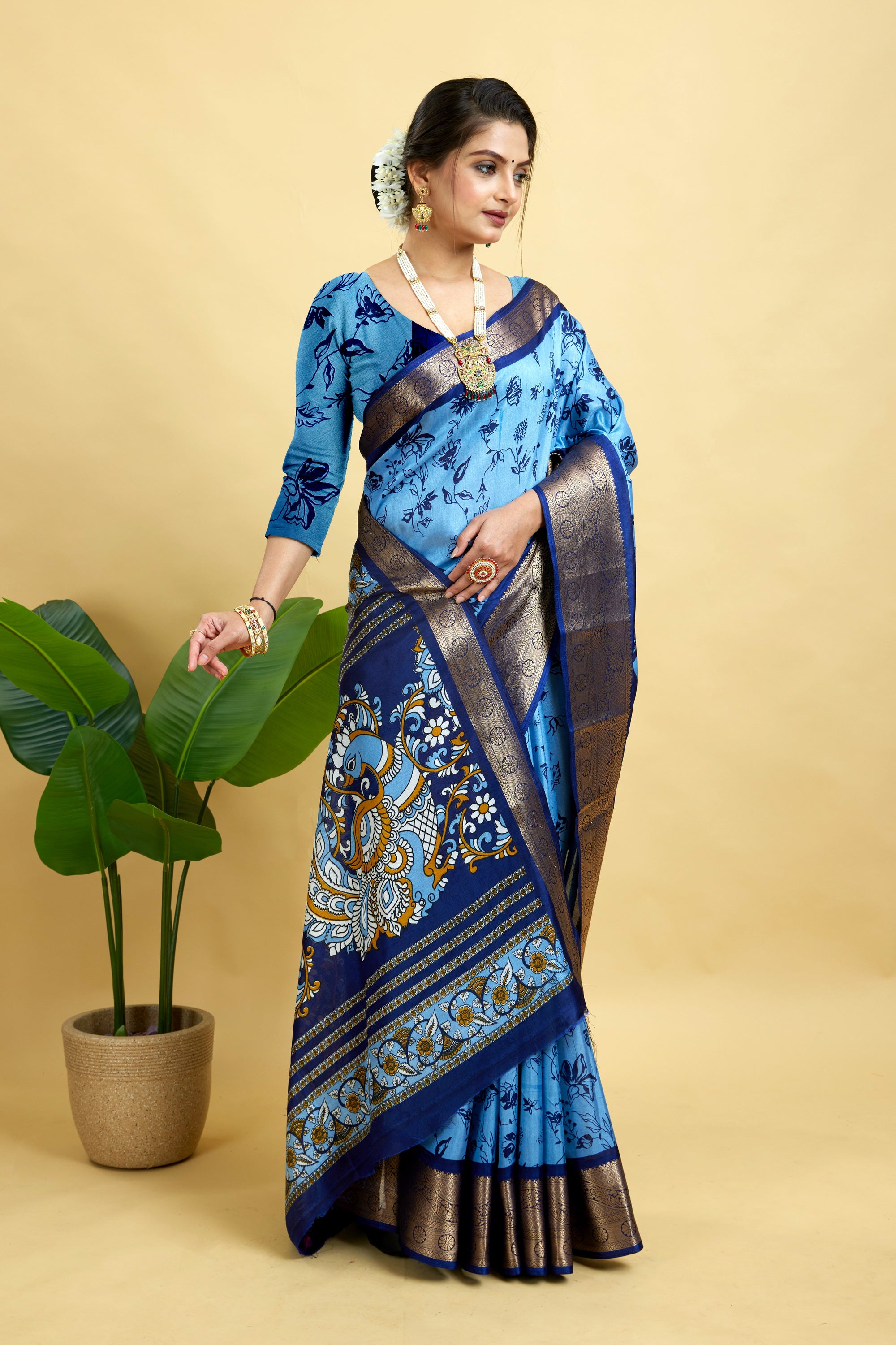 Royal Blue Soft Dola Cotton Printed Saree